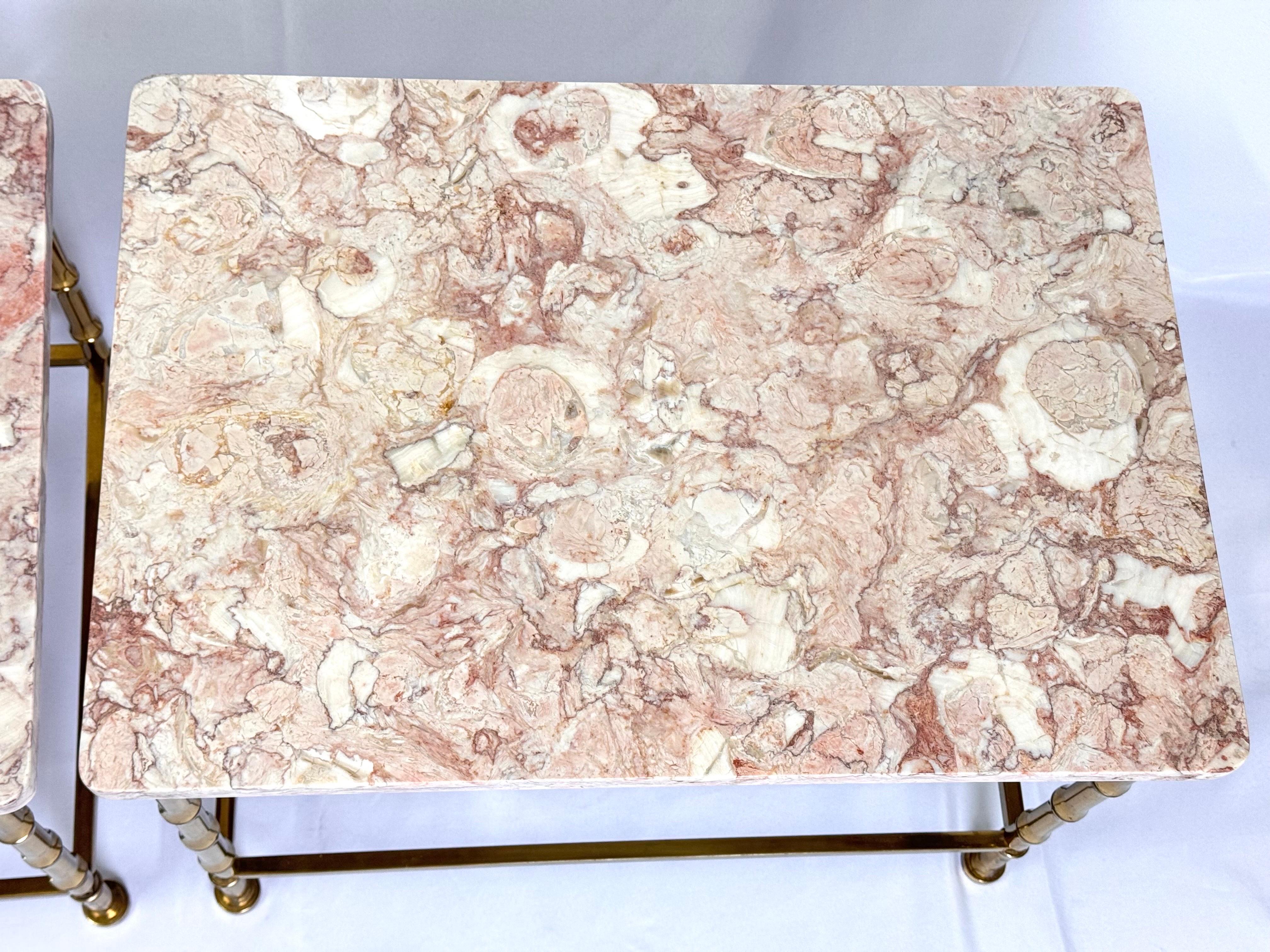 Pair of Marble Topped Brass Bamboo End Tables For Sale 7