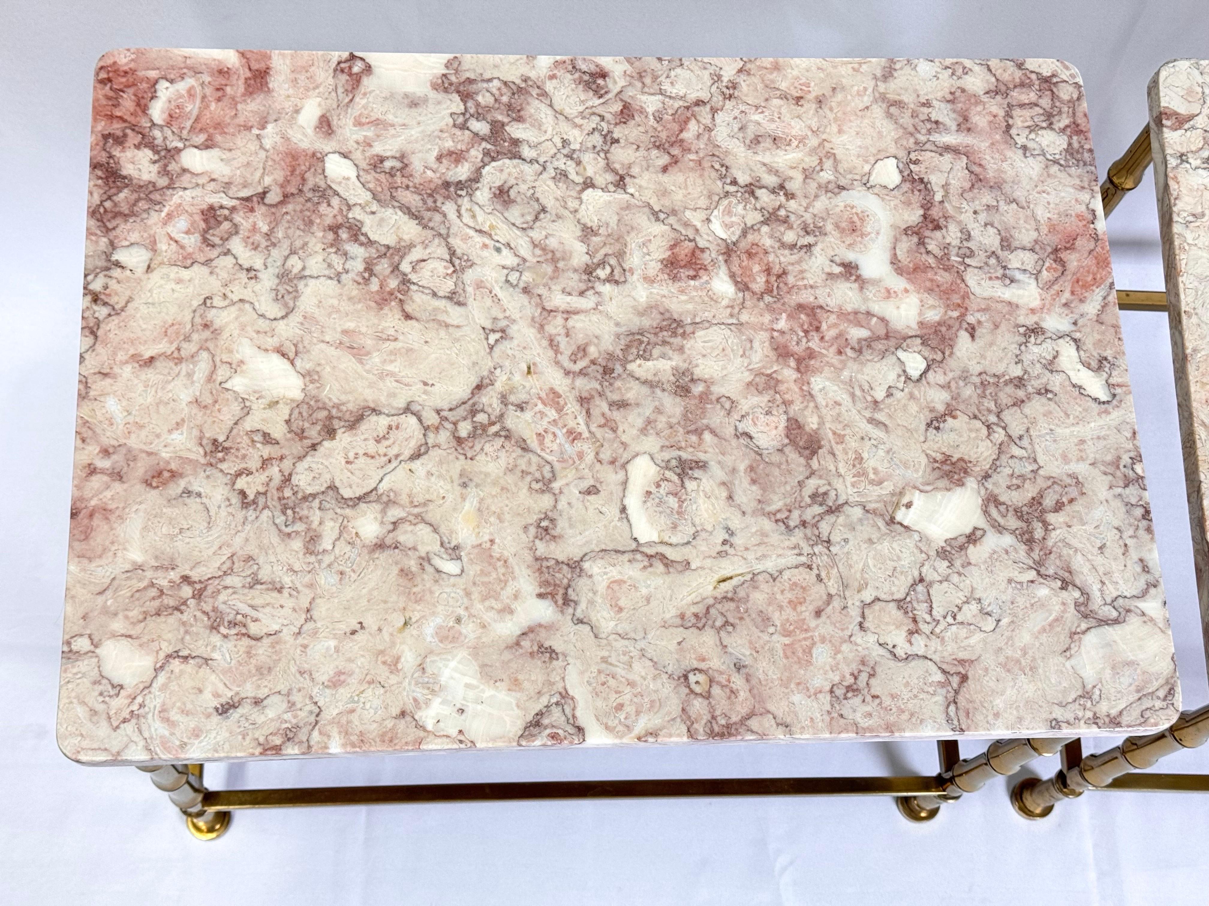 Pair of Marble Topped Brass Bamboo End Tables For Sale 8