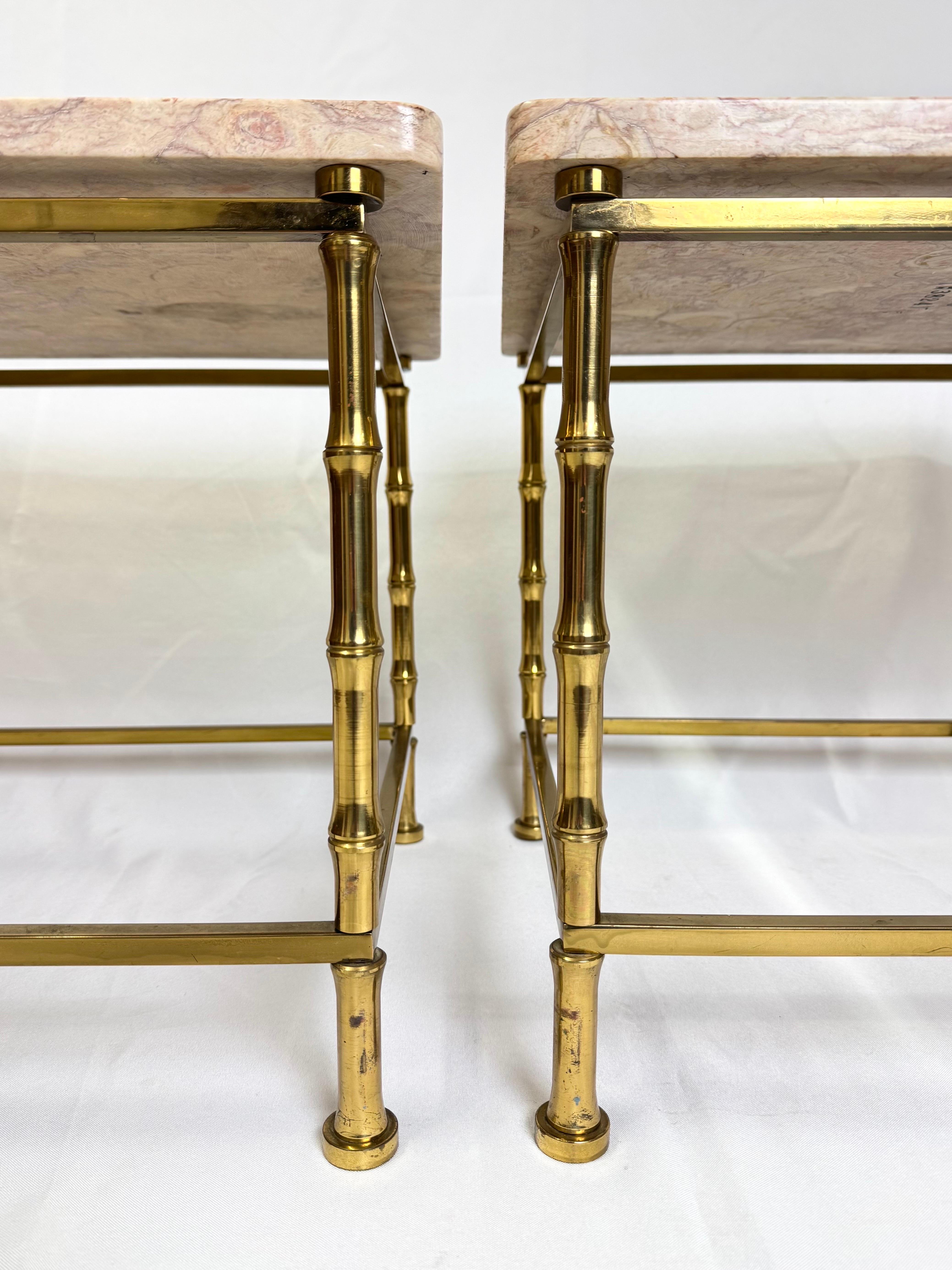 Pair of Marble Topped Brass Bamboo End Tables For Sale 9
