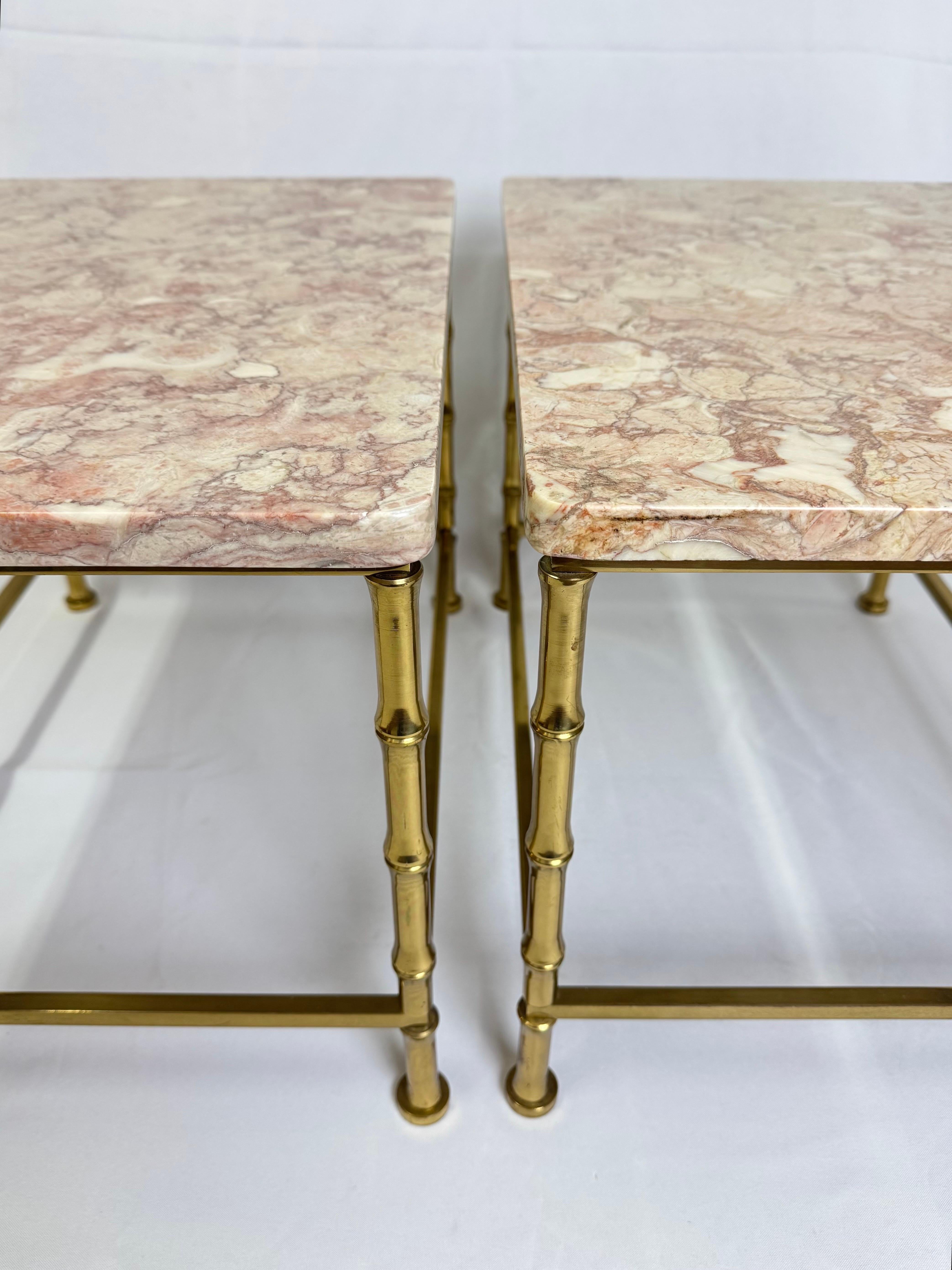 Pair of Marble Topped Brass Bamboo End Tables For Sale 10