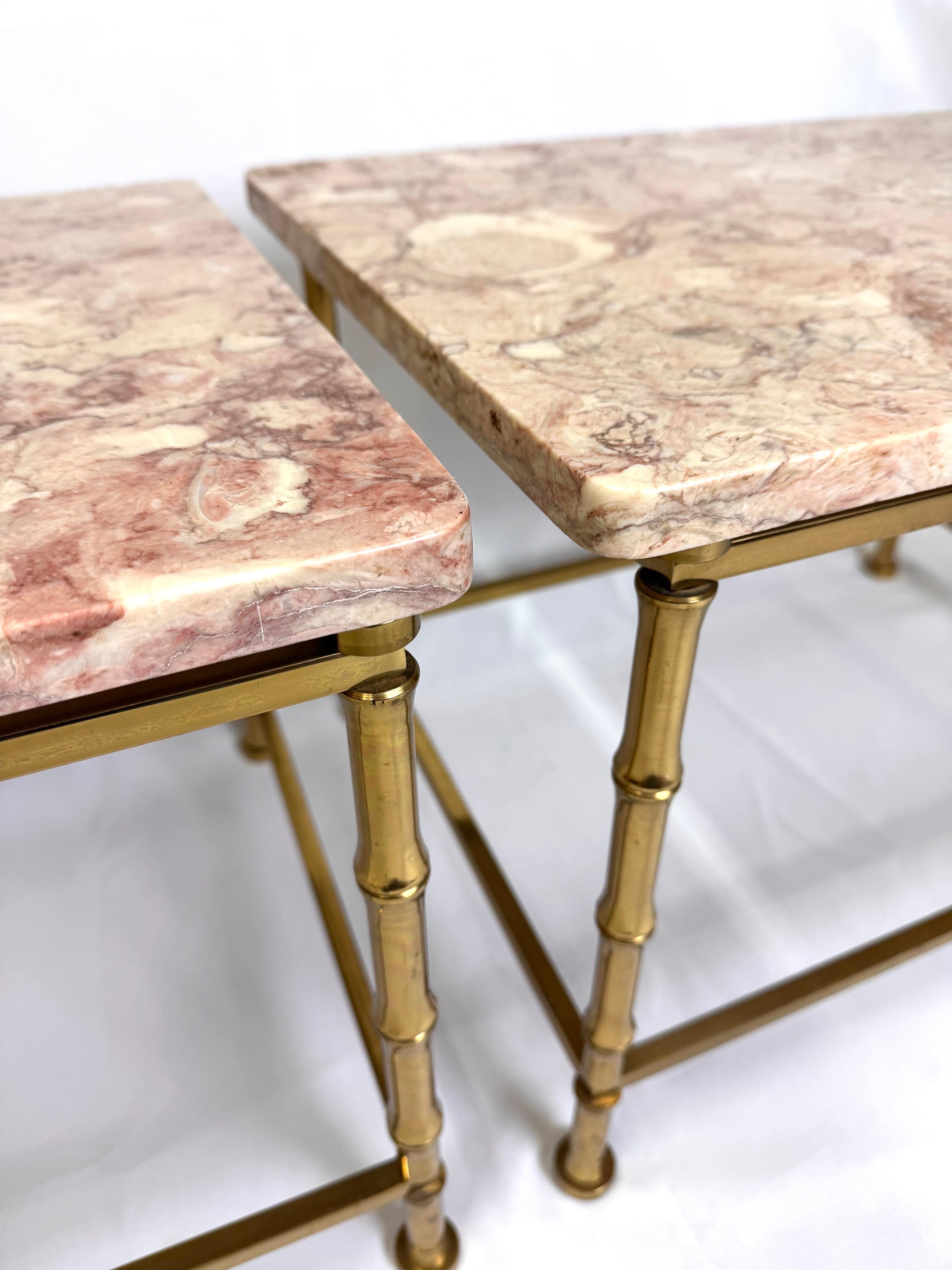 Pair of Marble Topped Brass Bamboo End Tables For Sale 11