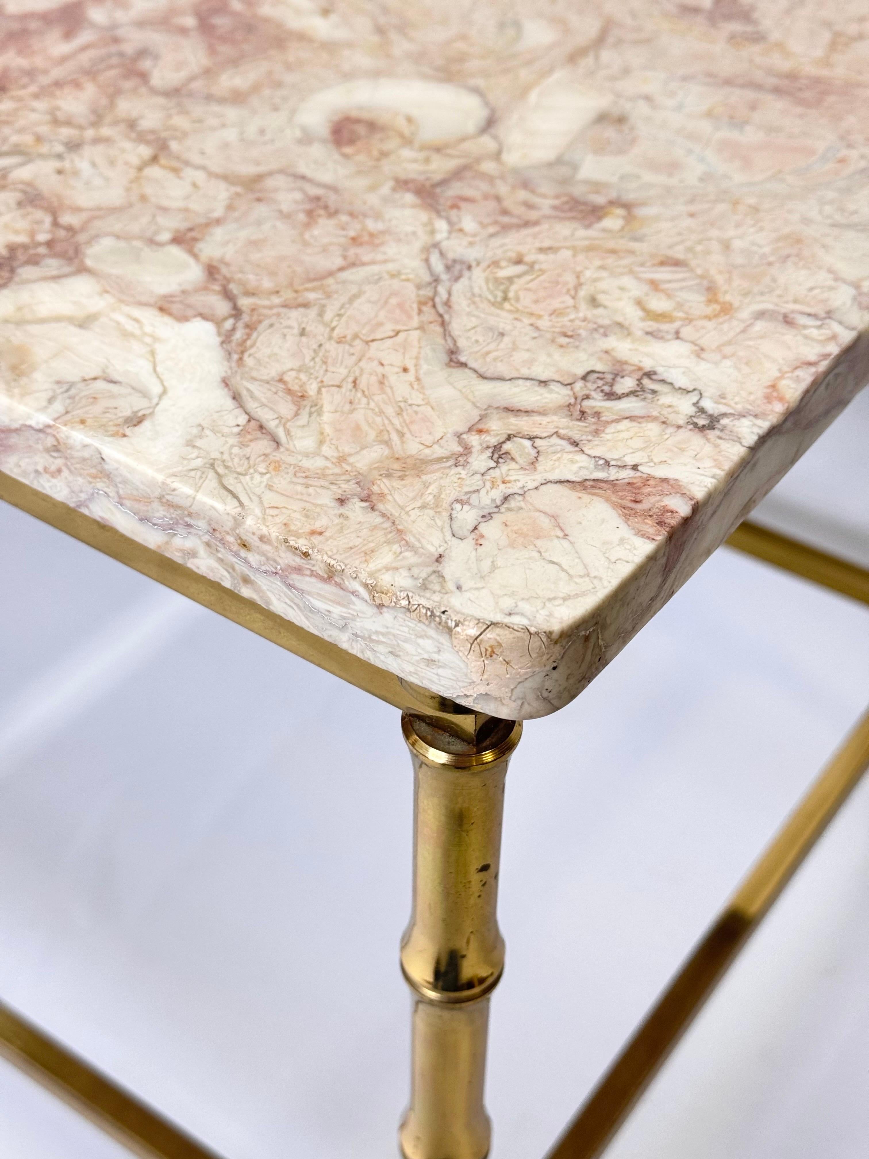Pair of Marble Topped Brass Bamboo End Tables For Sale 12