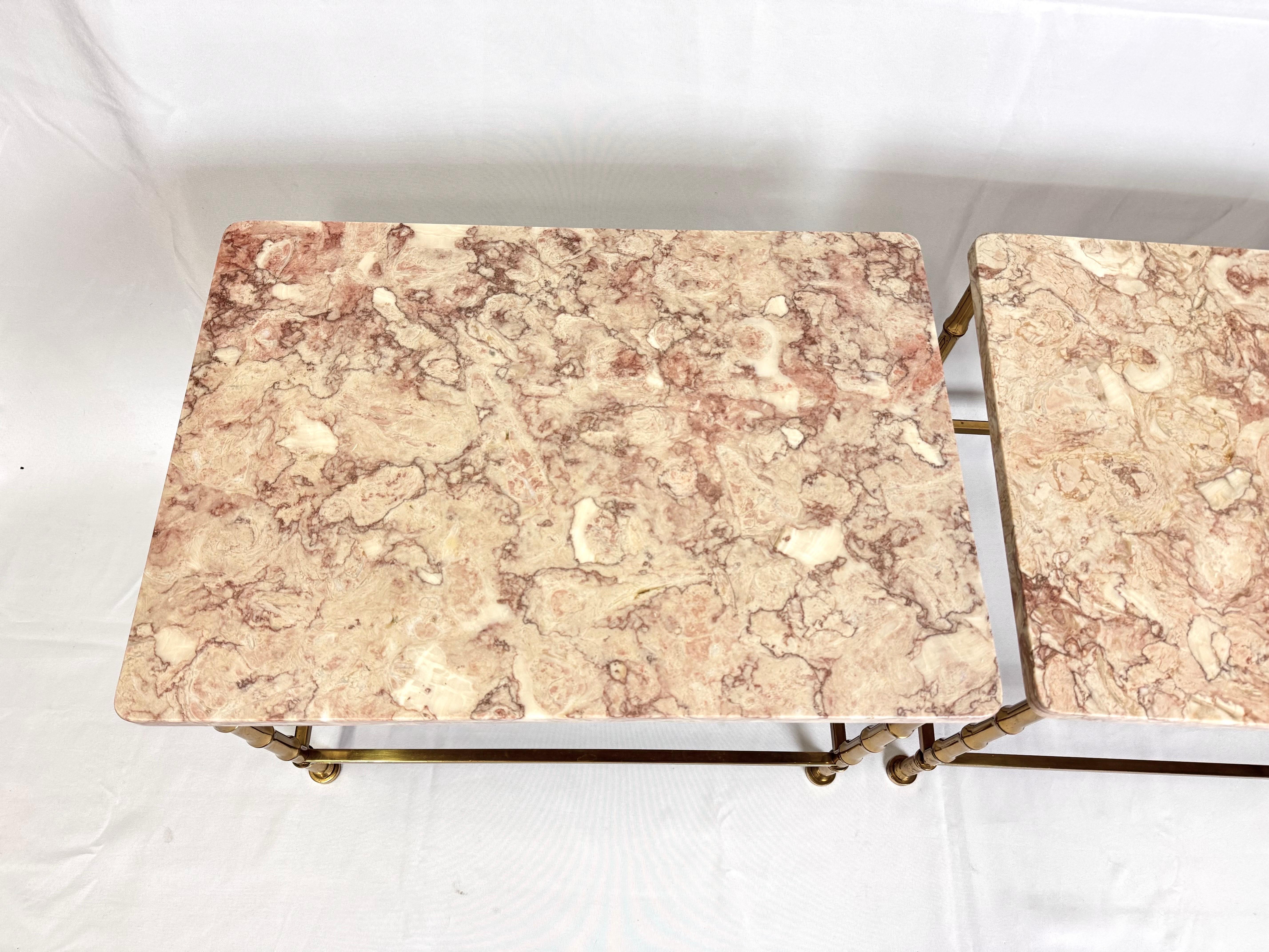 Pair of Marble Topped Brass Bamboo End Tables For Sale 13