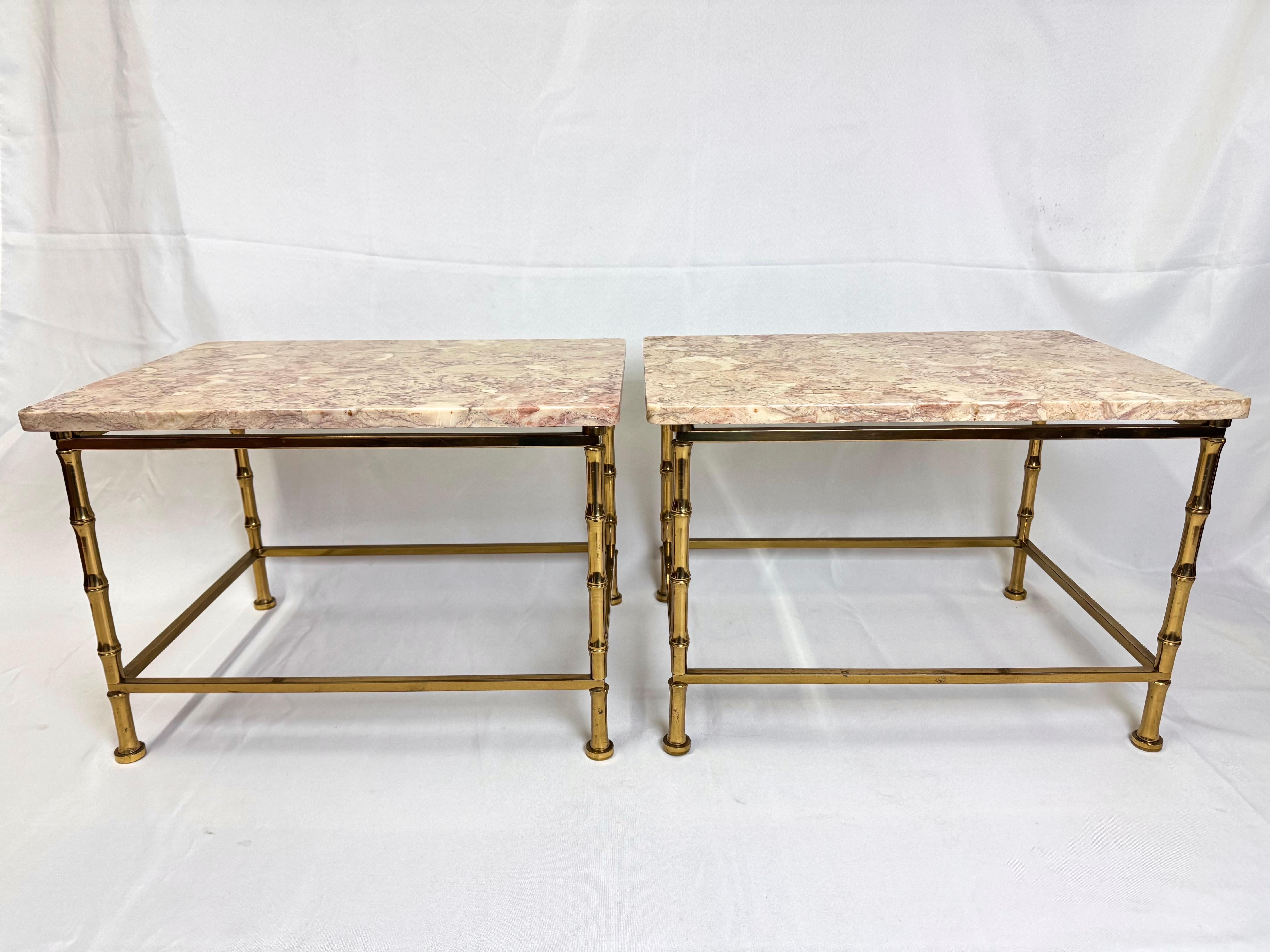 Hollywood Regency Pair of Marble Topped Brass Bamboo End Tables For Sale