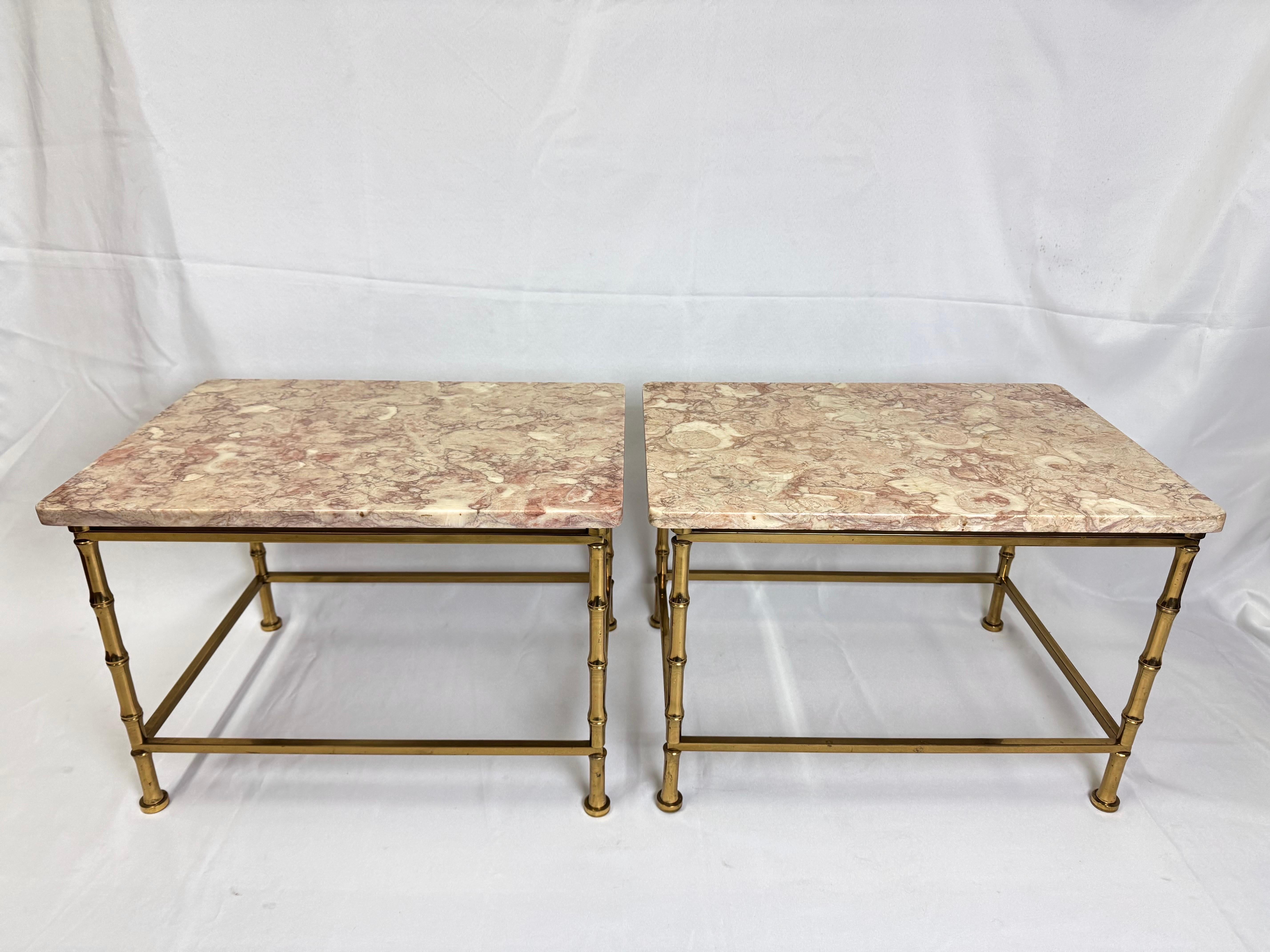 Pair of Marble Topped Brass Bamboo End Tables In Good Condition For Sale In Redding, CT