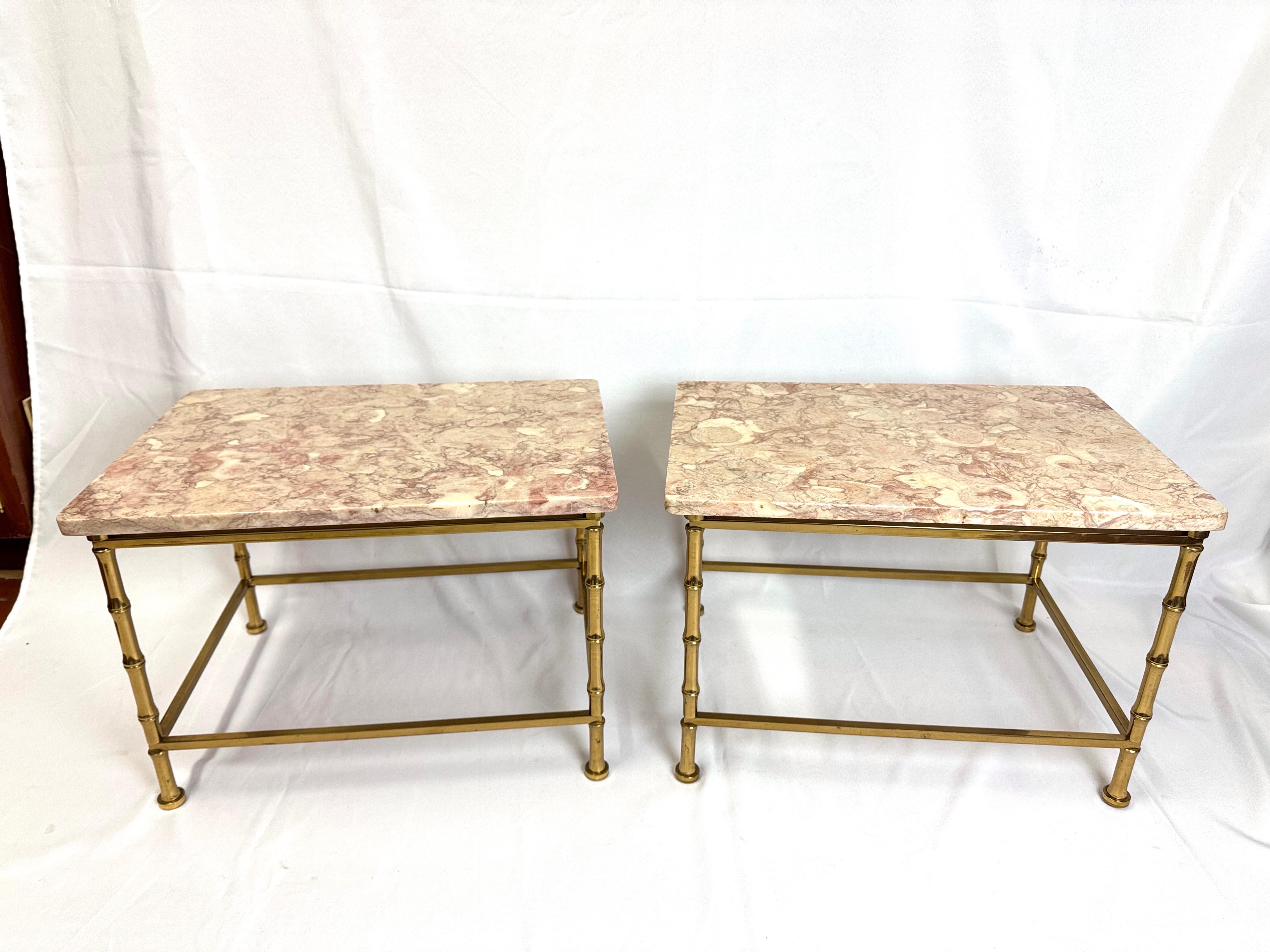 Late 20th Century Pair of Marble Topped Brass Bamboo End Tables For Sale