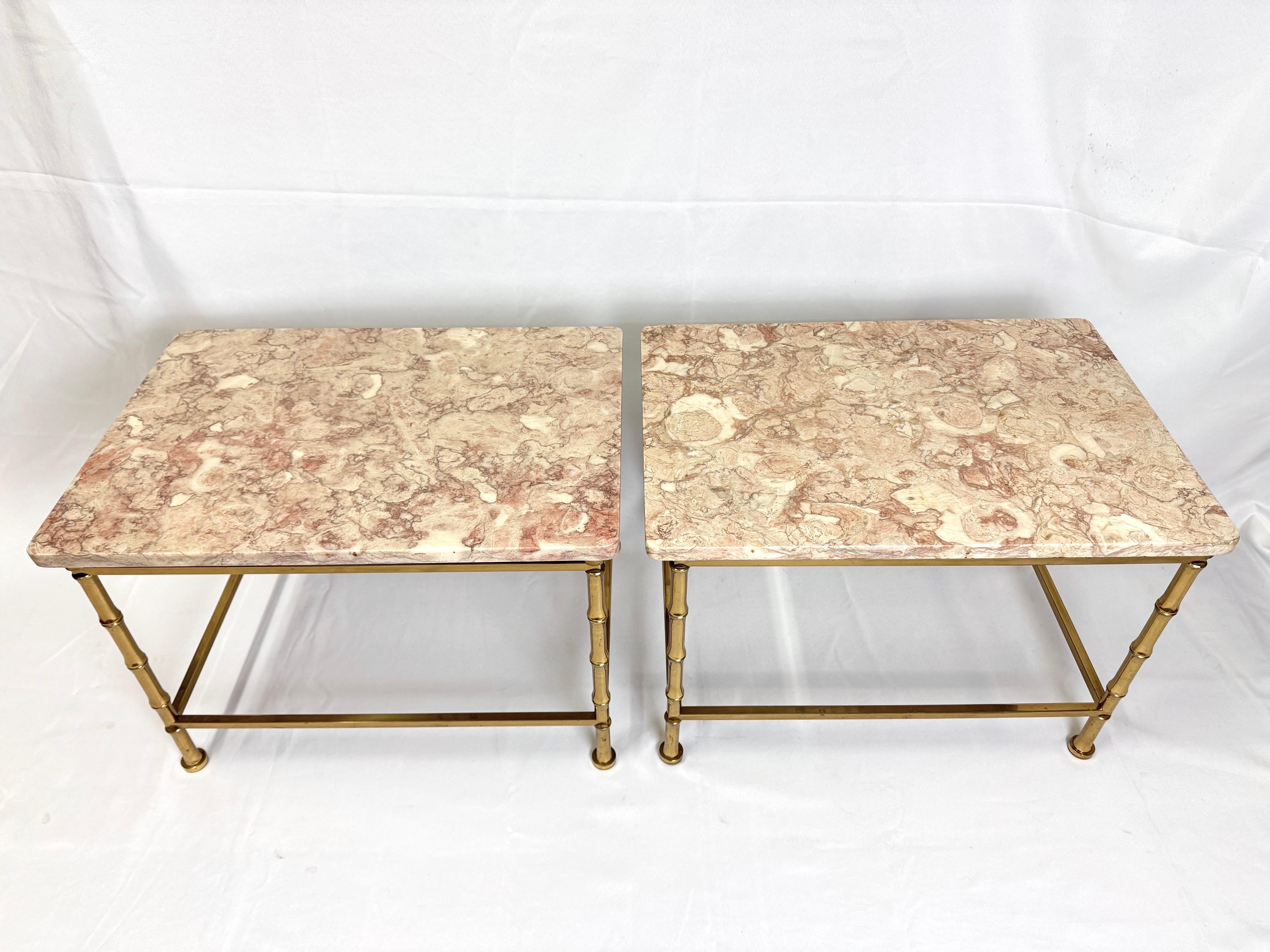 Pair of Marble Topped Brass Bamboo End Tables For Sale 1
