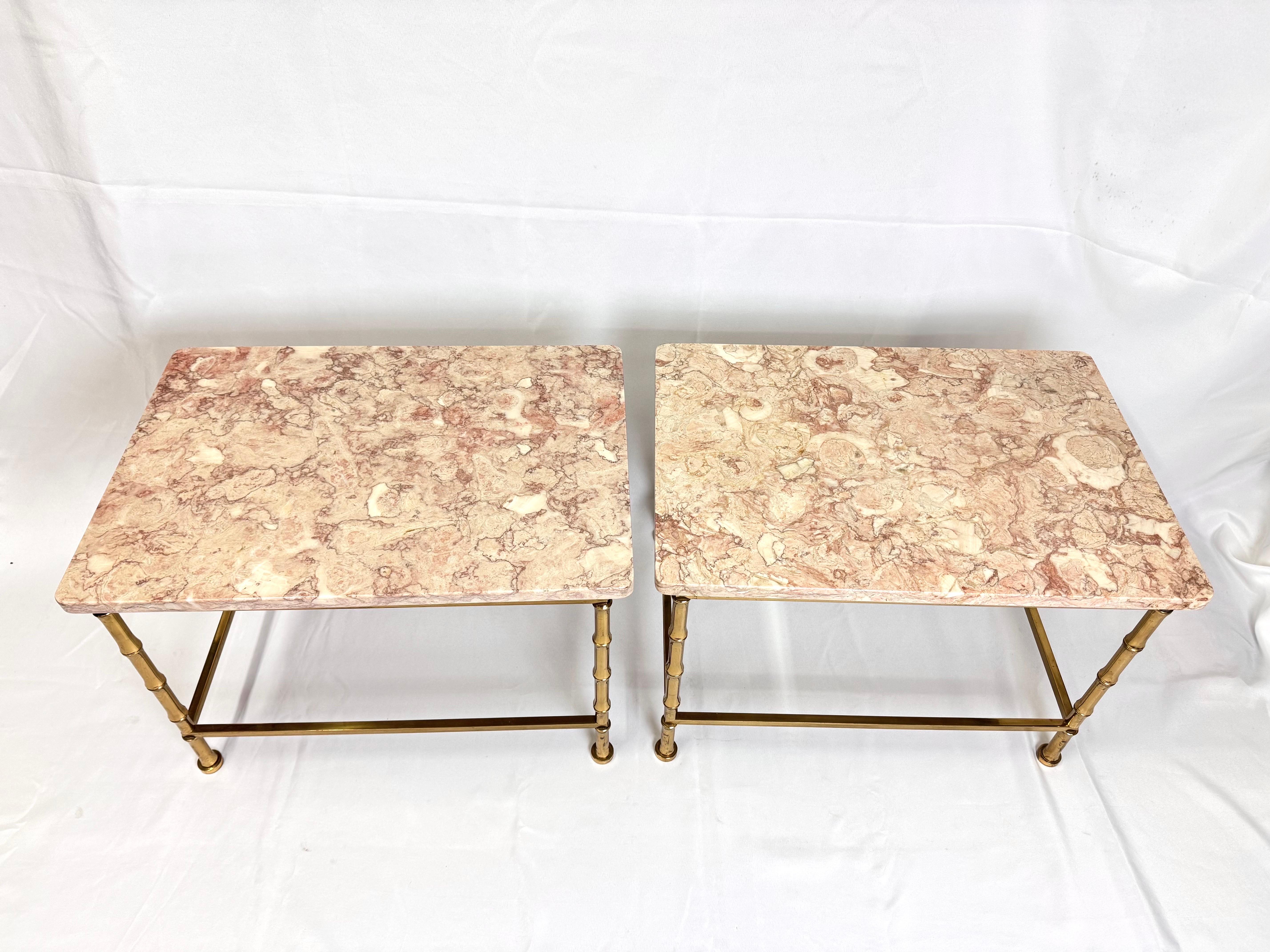 Pair of Marble Topped Brass Bamboo End Tables For Sale 2
