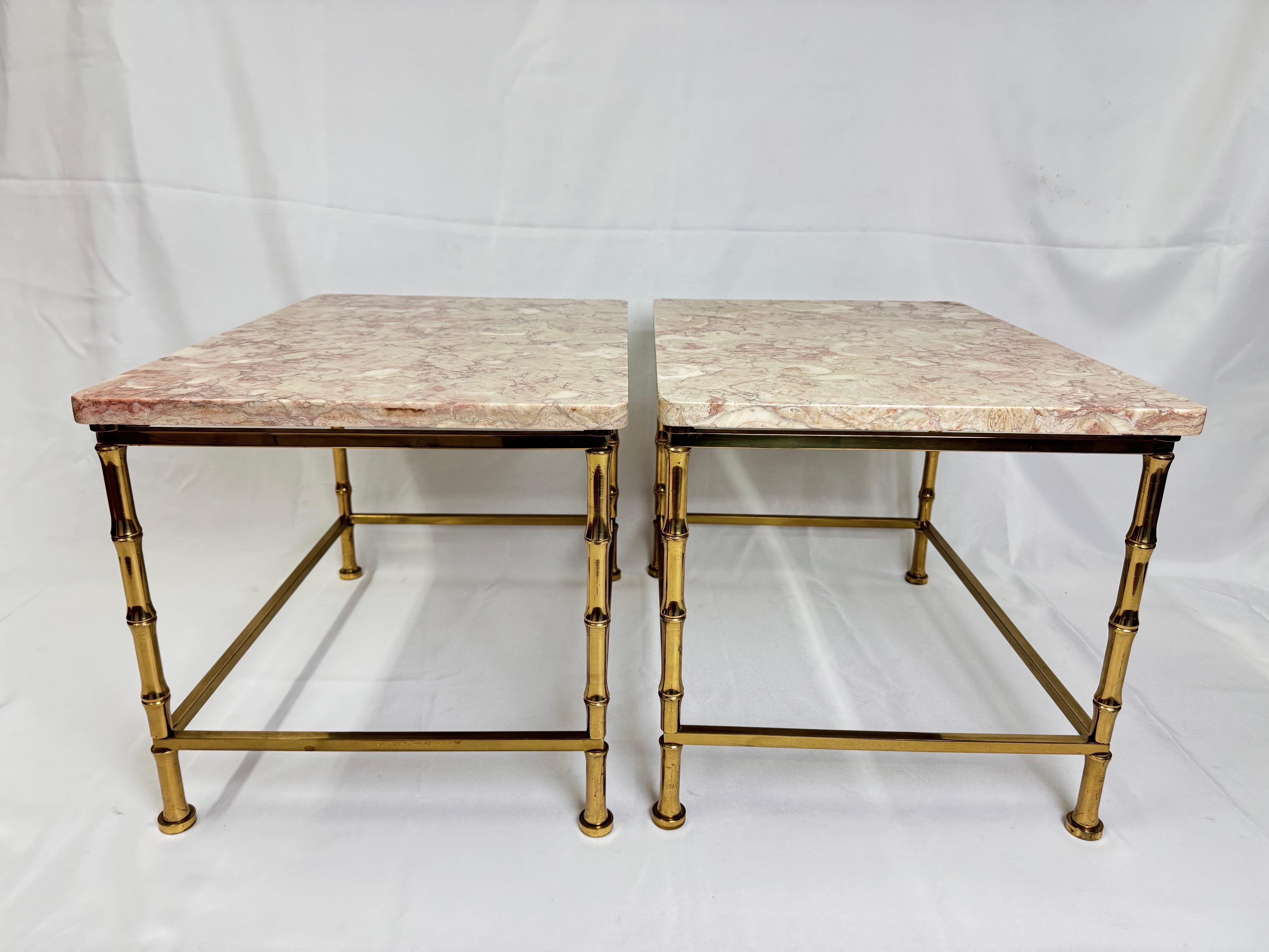 Pair of Marble Topped Brass Bamboo End Tables For Sale 3