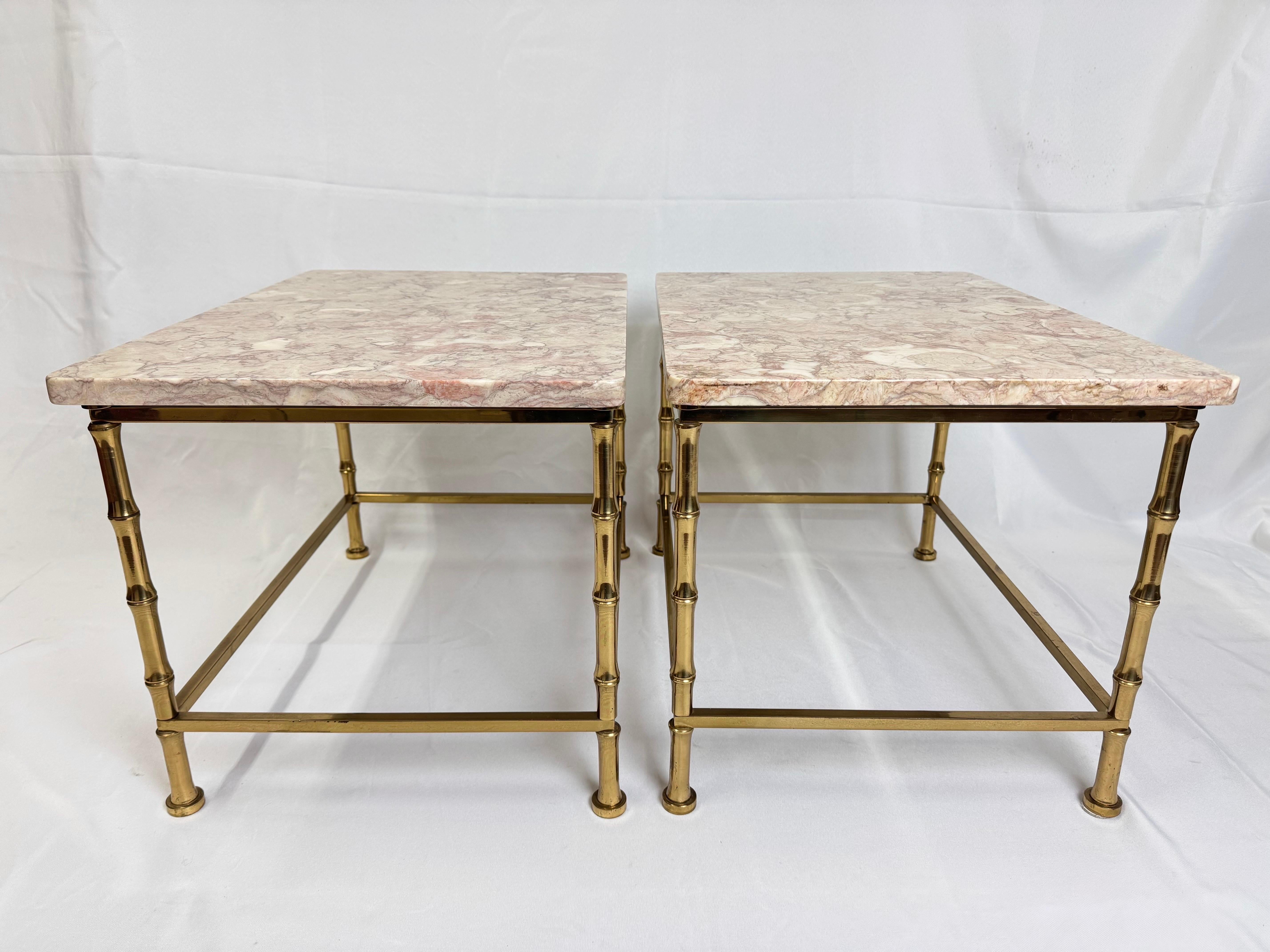 Pair of Marble Topped Brass Bamboo End Tables For Sale 4
