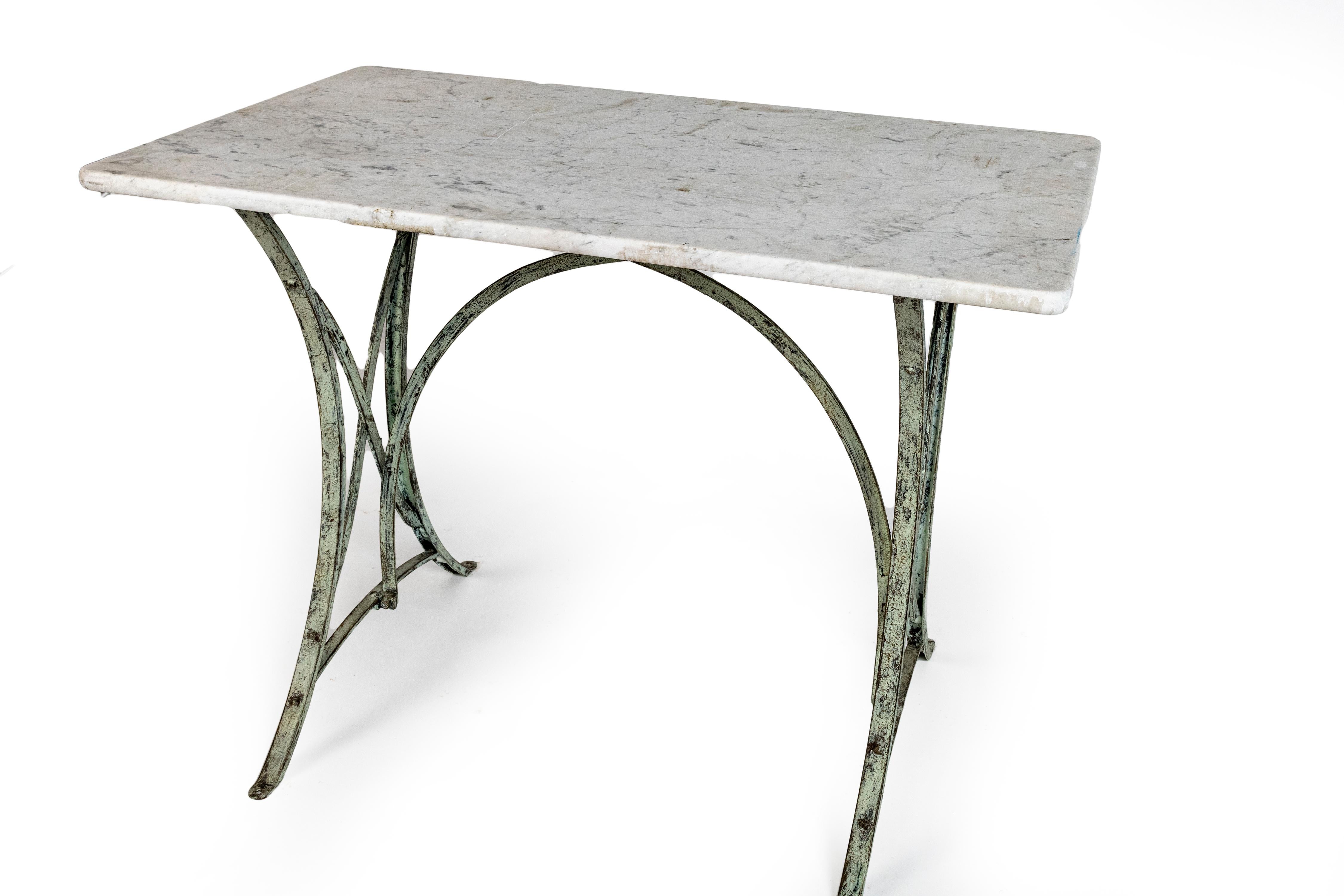 French Pair of Marble Topped Conservatory Table sold separately, inside or outside use. For Sale