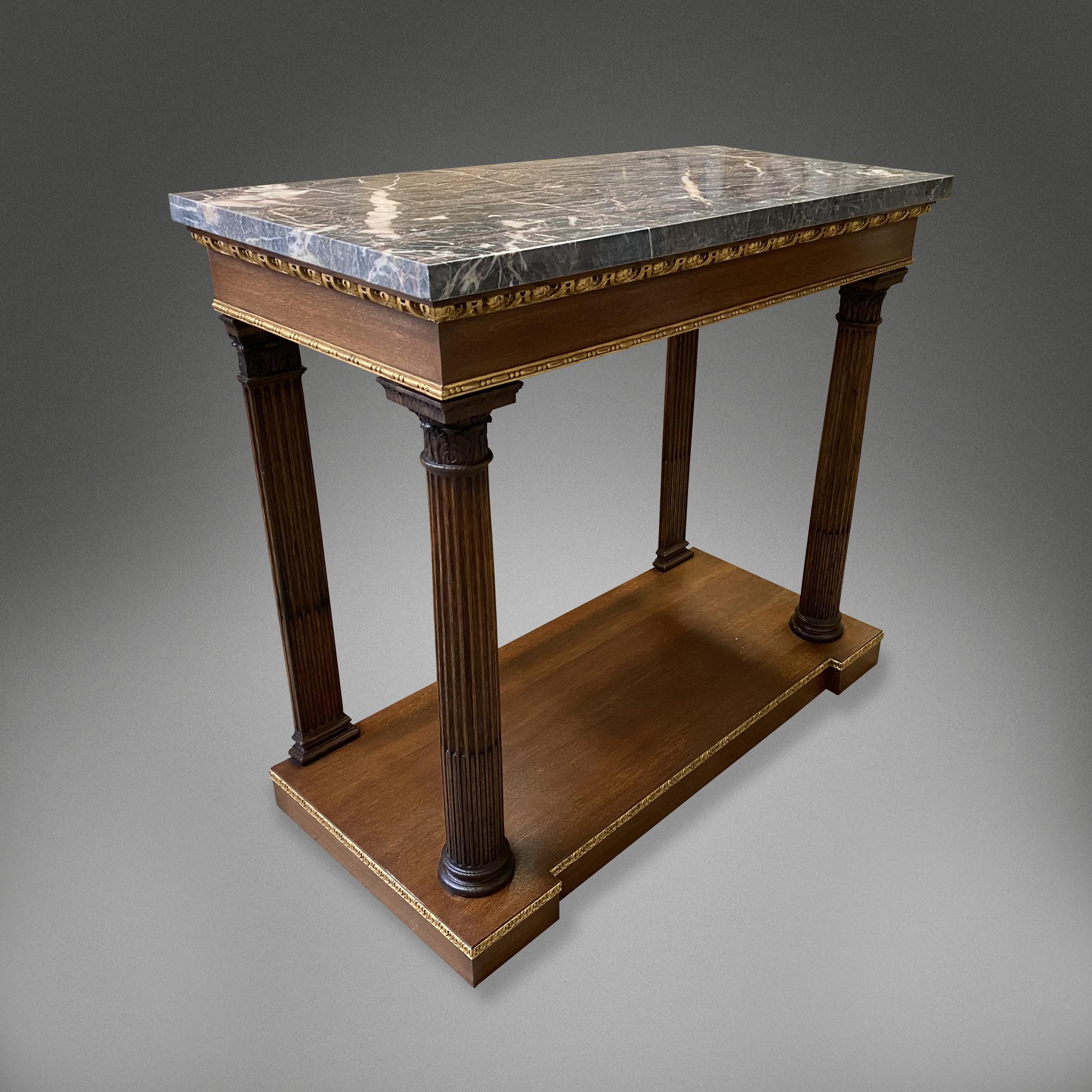 English Pair of Marble Topped Corinthian Column Console Tables For Sale