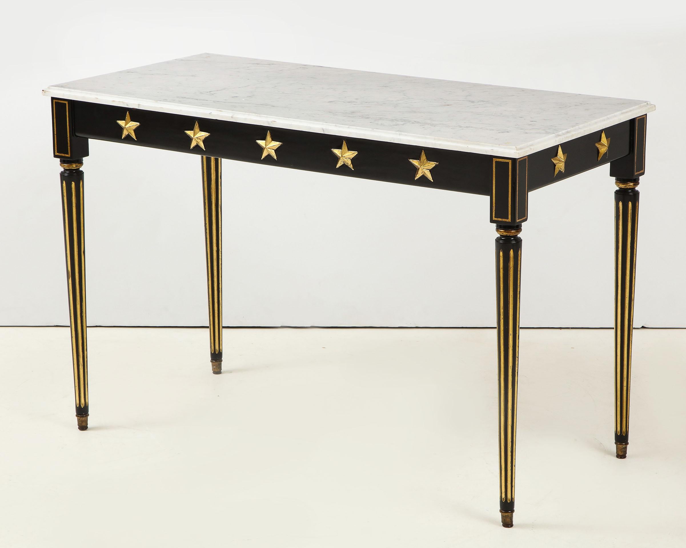Pair of Marble-Topped Ebonized and Giltwood Consoles, by Jansen In Good Condition For Sale In New York, NY