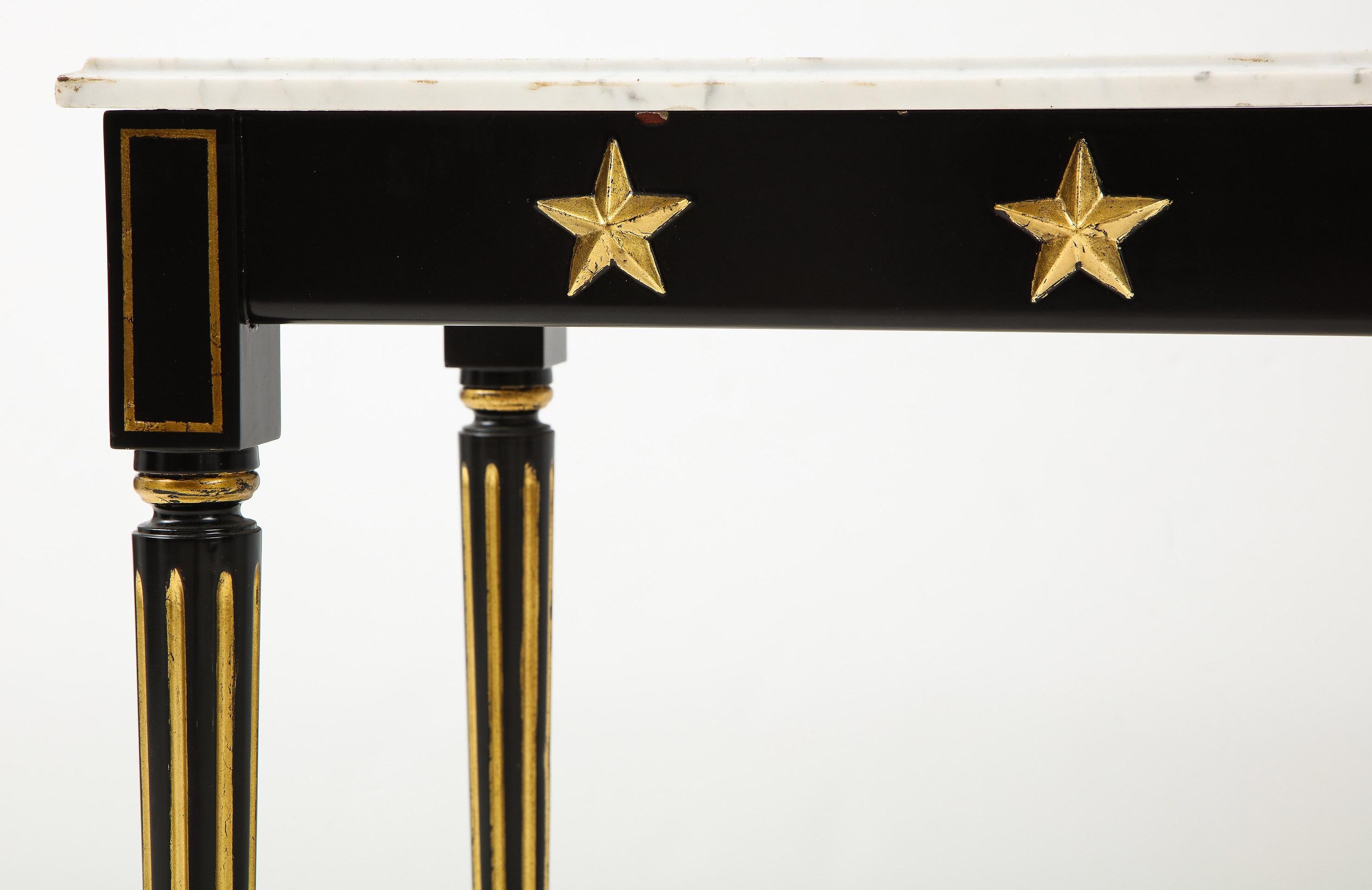 20th Century Pair of Marble-Topped Ebonized and Giltwood Consoles, by Jansen For Sale