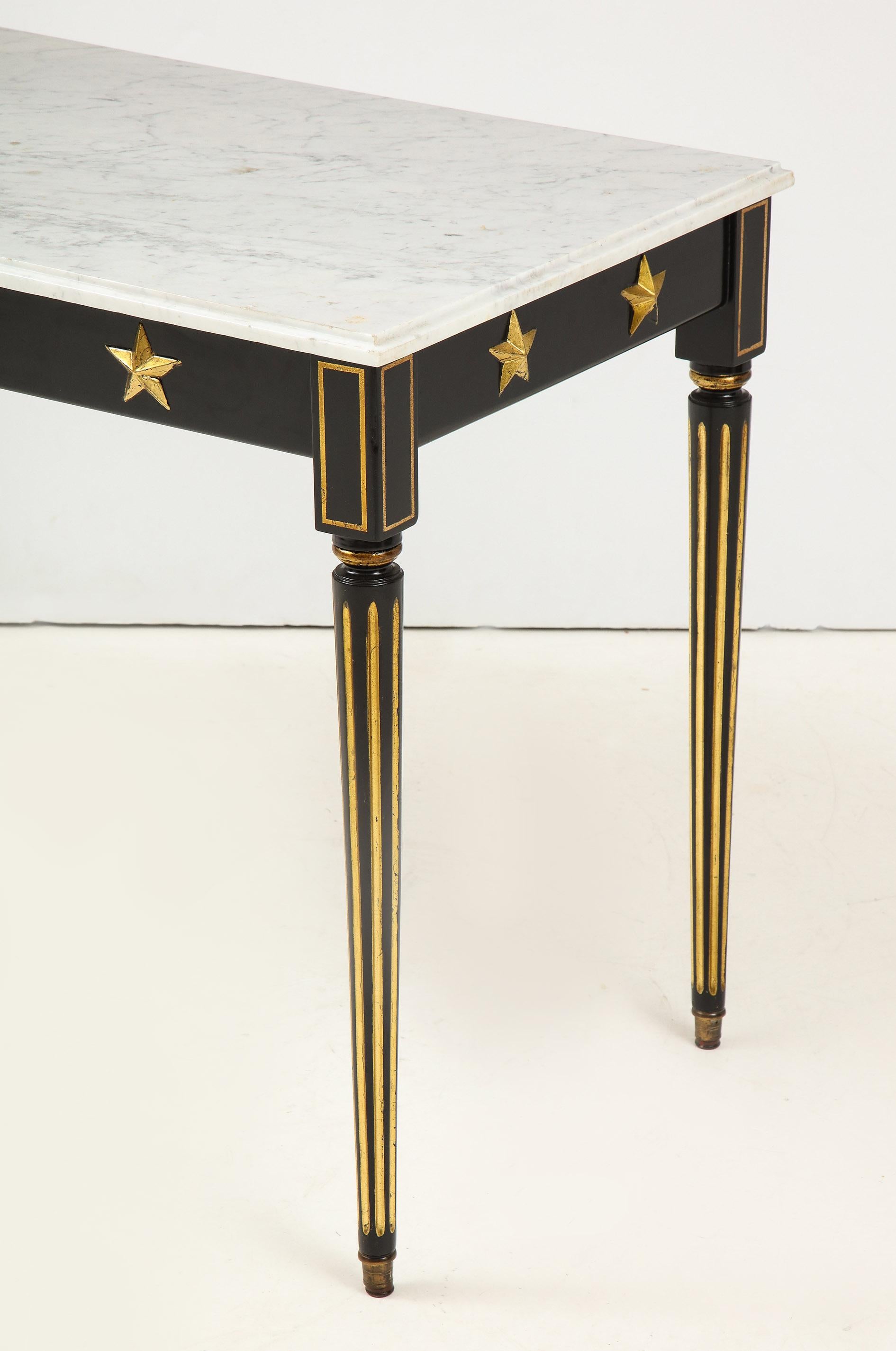 Pair of Marble-Topped Ebonized and Giltwood Consoles, by Jansen For Sale 2