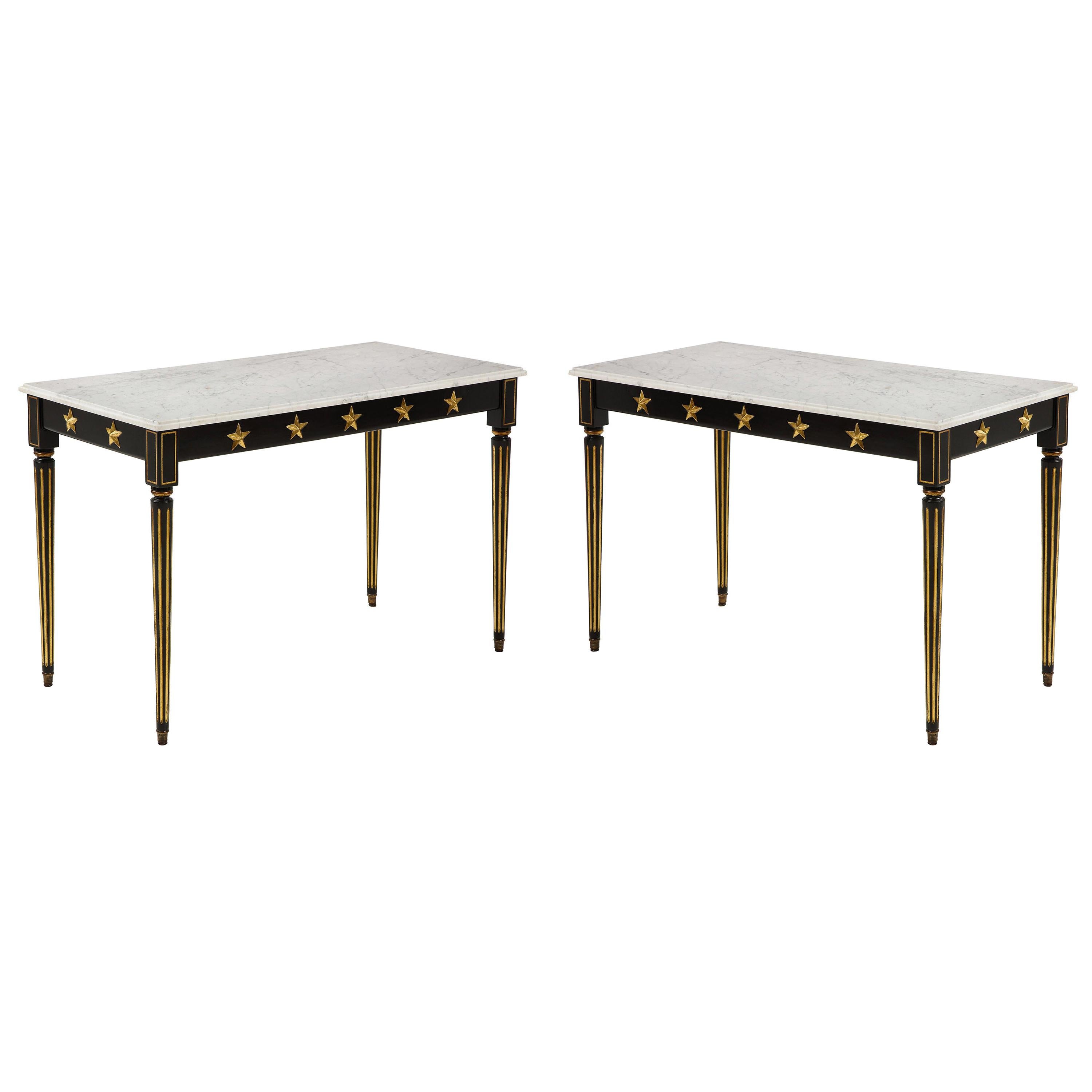 Pair of Marble-Topped Ebonized and Giltwood Consoles, by Jansen
