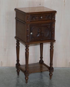 Pair of Marble Topped Hand Carved Oak Continental Side Lamp Night Stand Tables