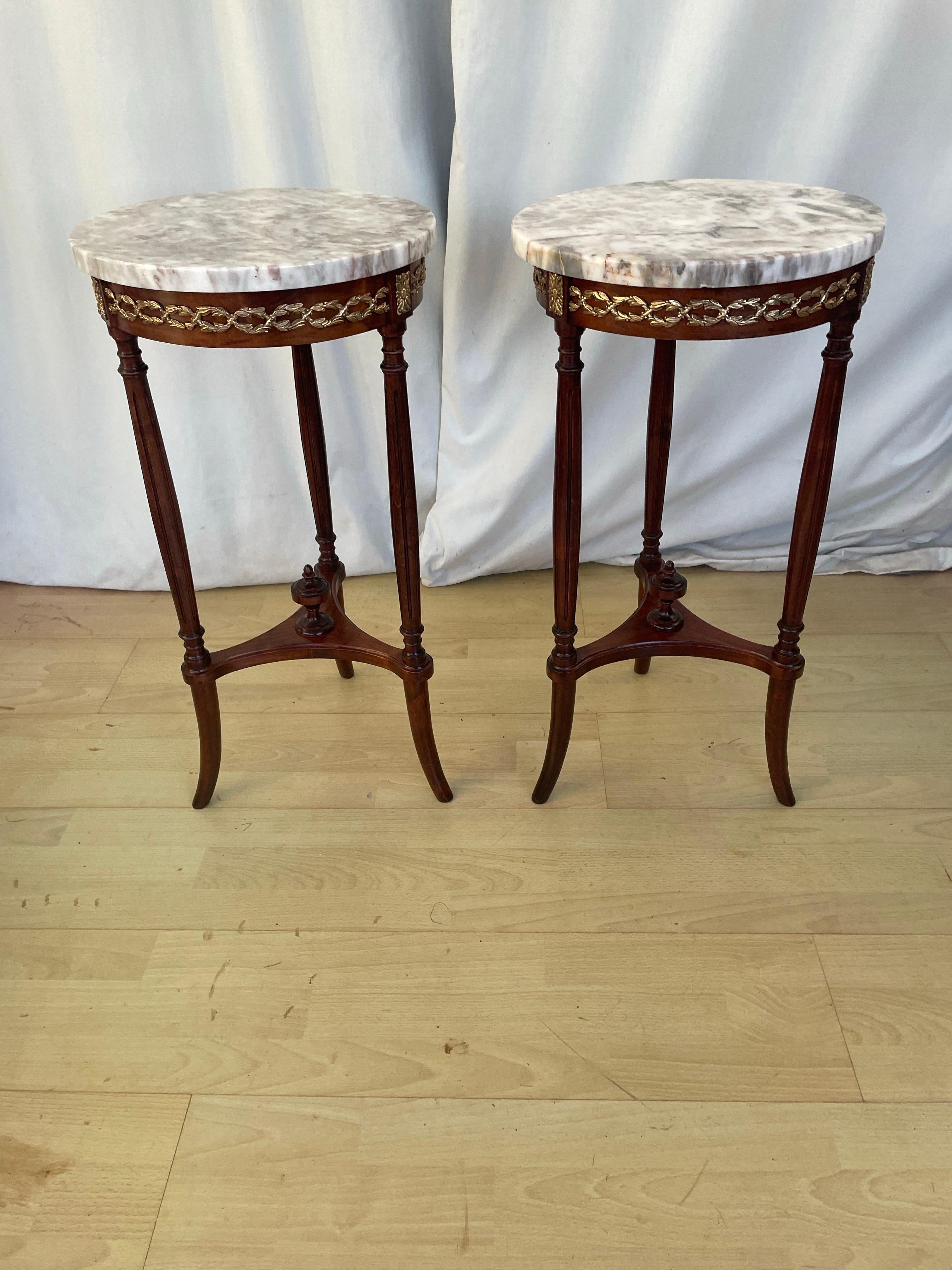 Beech Pair of marble topped side tables France c1900s For Sale