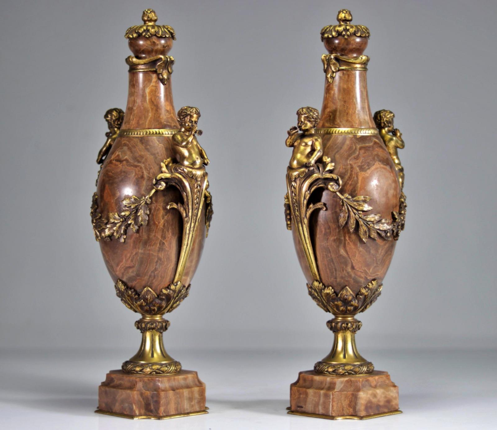 Empire Pair of Marble Vases Decorated with Gilt Bronze Musical Fauns, 19th Century