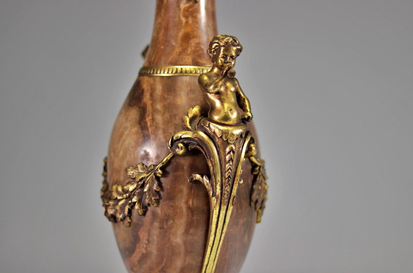 French Pair of Marble Vases Decorated with Gilt Bronze Musical Fauns, 19th Century