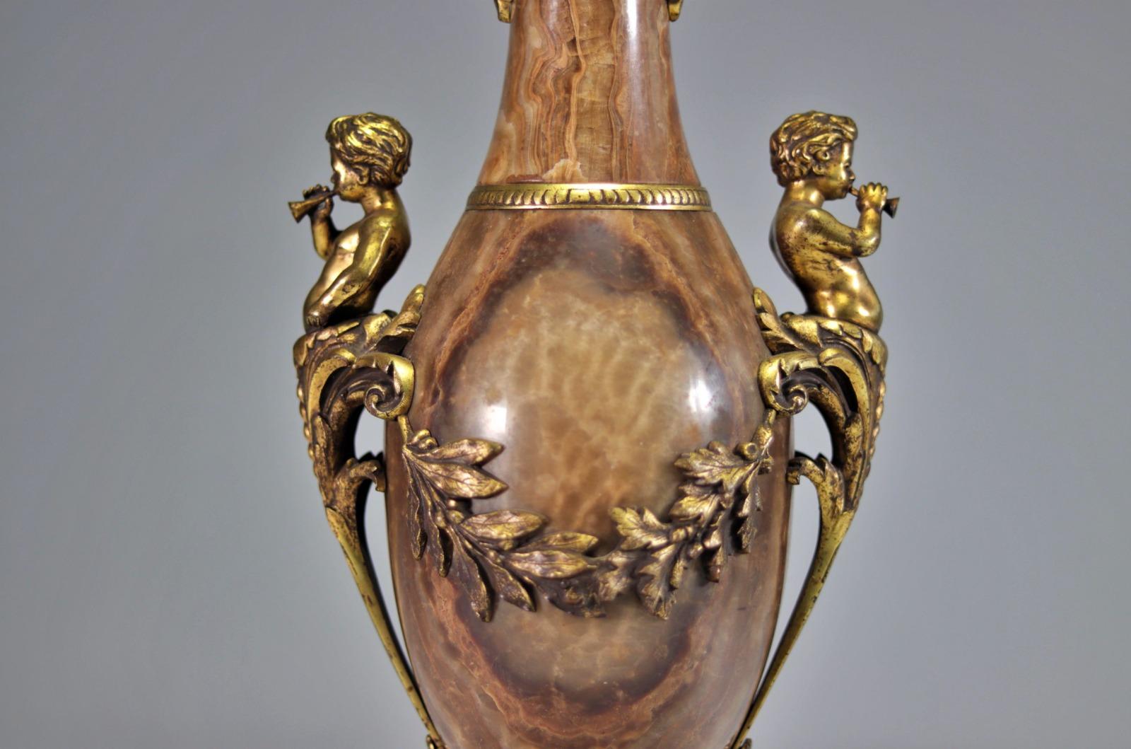 Hand-Crafted Pair of Marble Vases Decorated with Gilt Bronze Musical Fauns, 19th Century