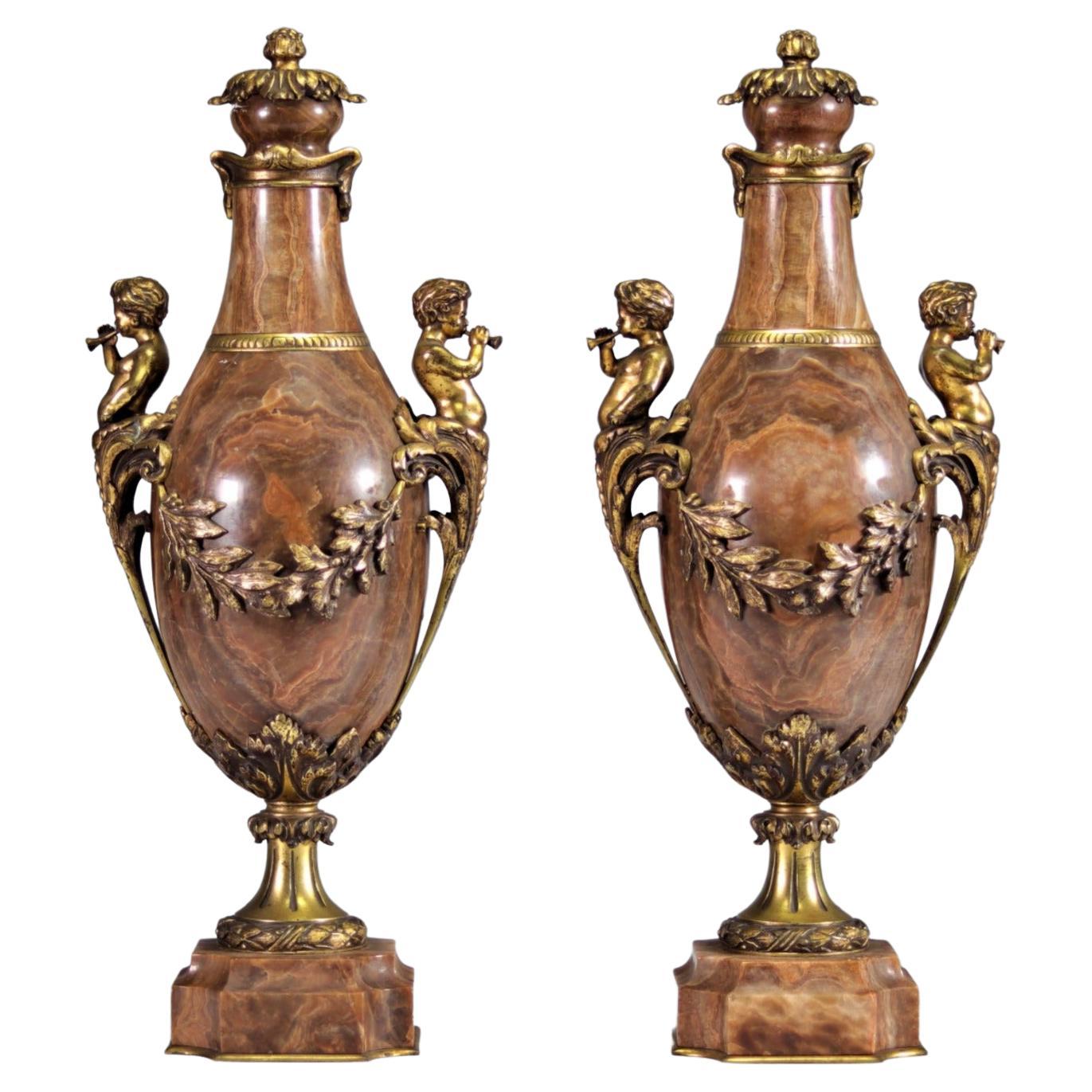 Pair of Marble Vases Decorated with Gilt Bronze Musical Fauns, 19th Century