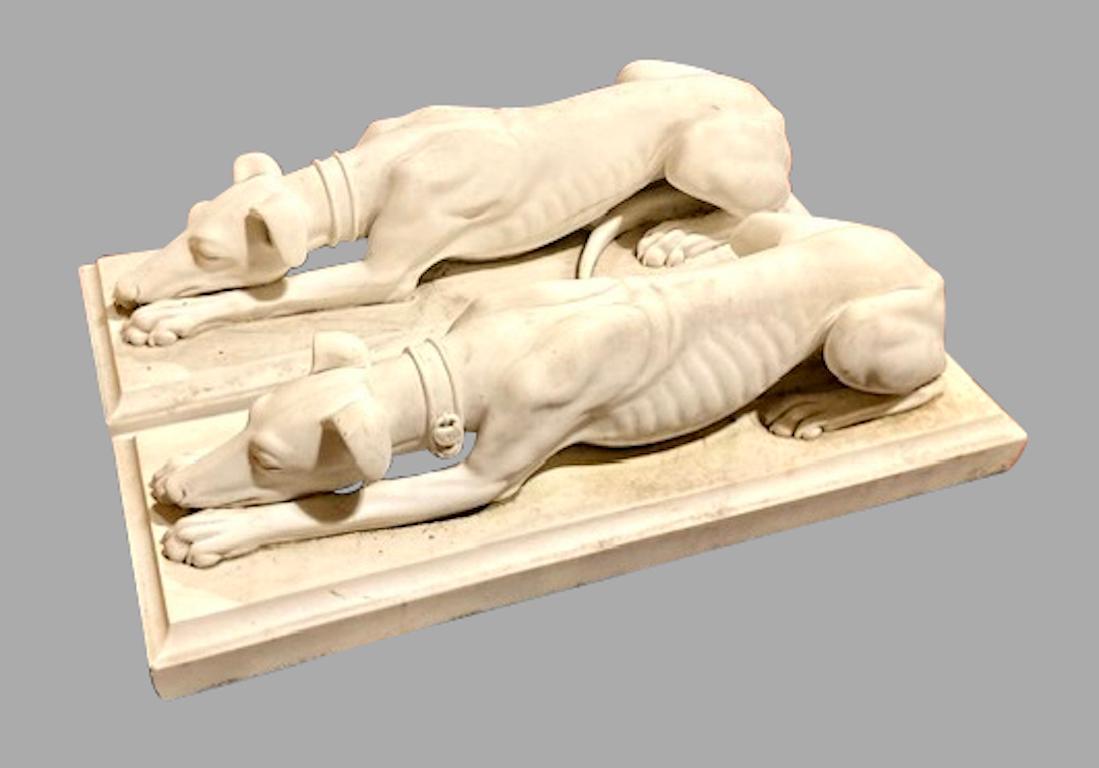 Pair of Antique Continental Carved Marble Whippets on Plinths In Good Condition In San Francisco, CA