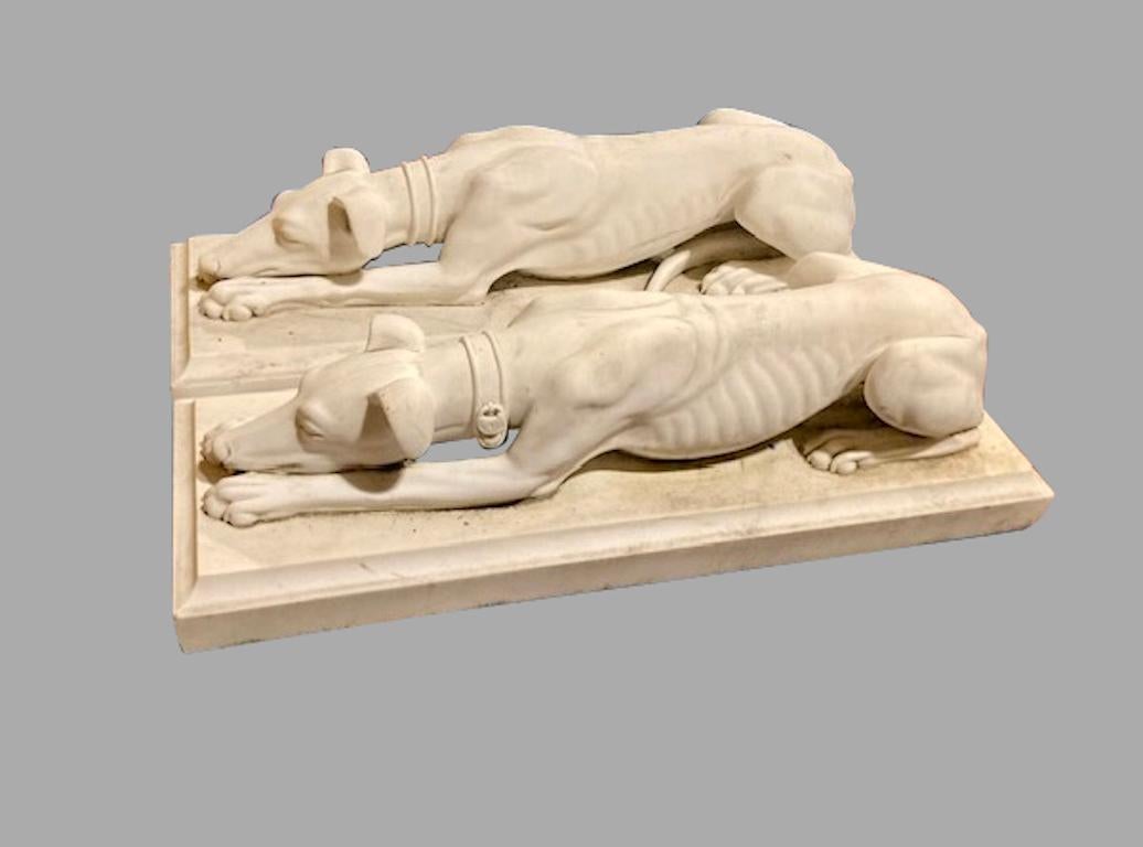 Italian Pair of Antique Continental Carved Marble Whippets on Plinths