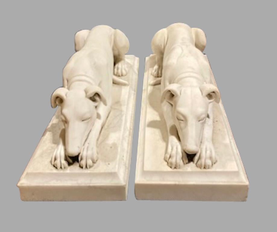 Neoclassical Pair of Antique Continental Carved Marble Whippets on Plinths