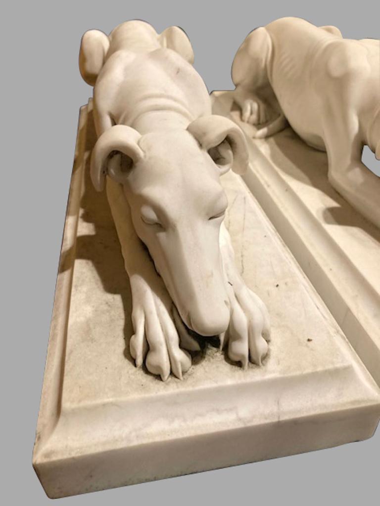 Pair of Antique Continental Carved Marble Whippets on Plinths 2