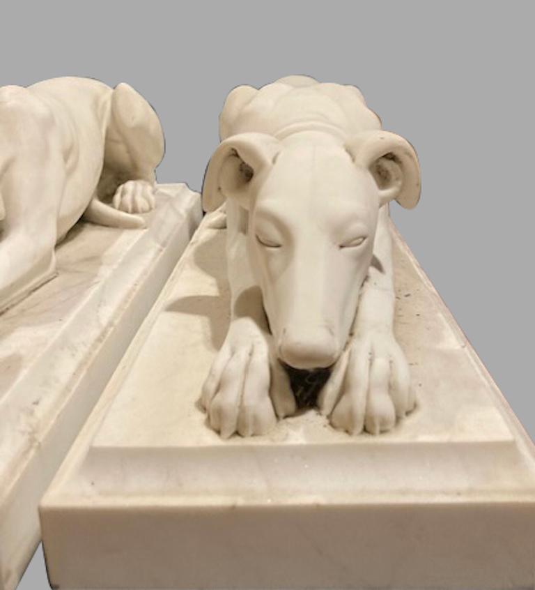 Pair of Antique Continental Carved Marble Whippets on Plinths 10