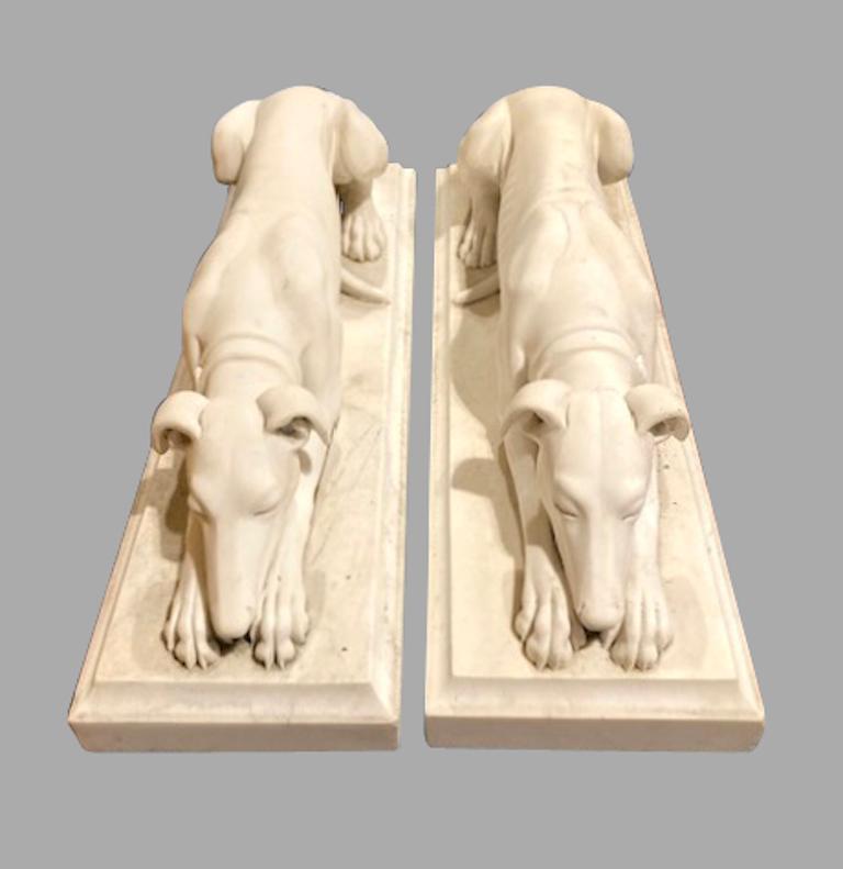 19th Century Pair of Antique Continental Carved Marble Whippets on Plinths