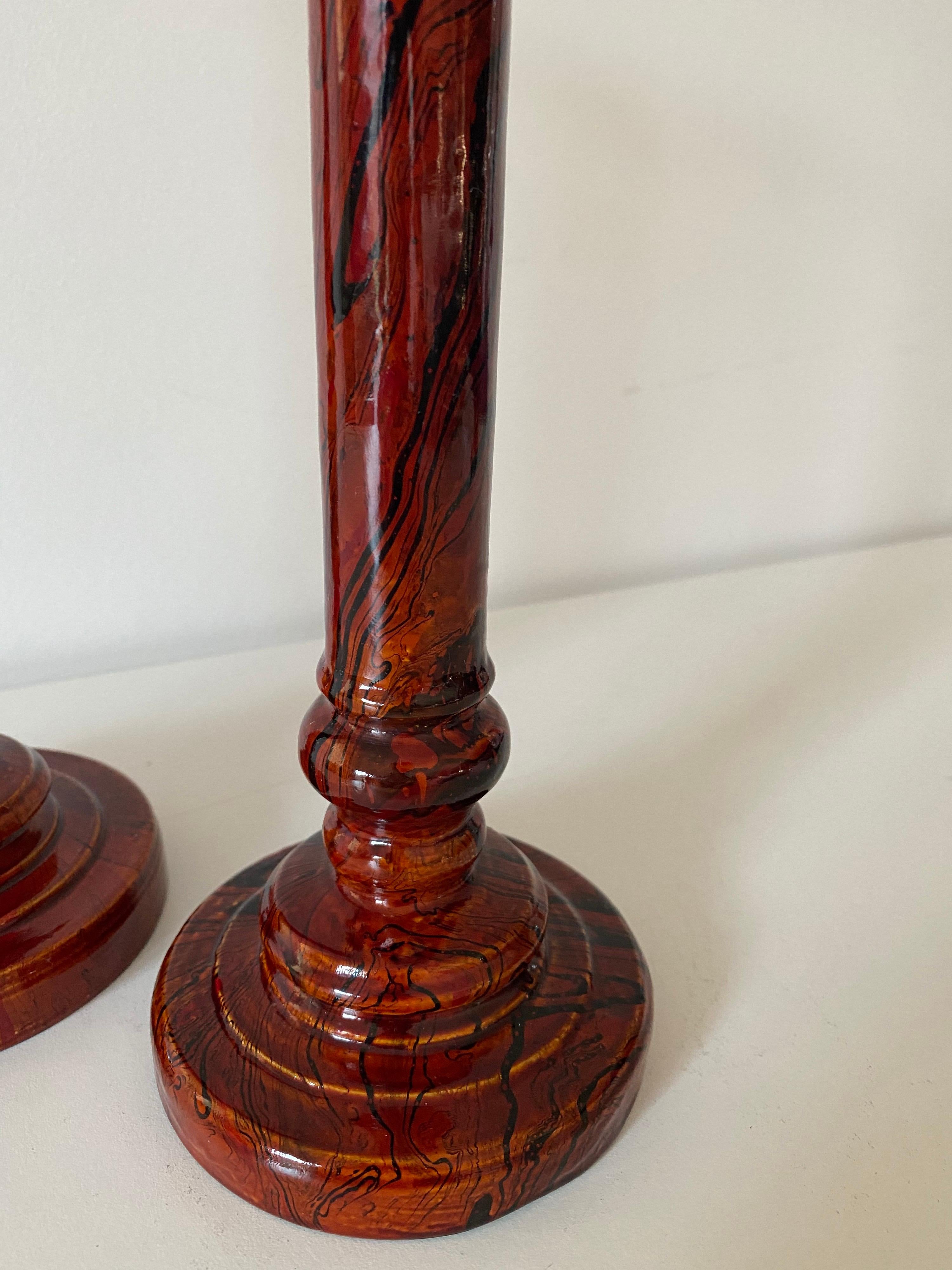 American Pair of Marbled Wood Candlesticks For Sale