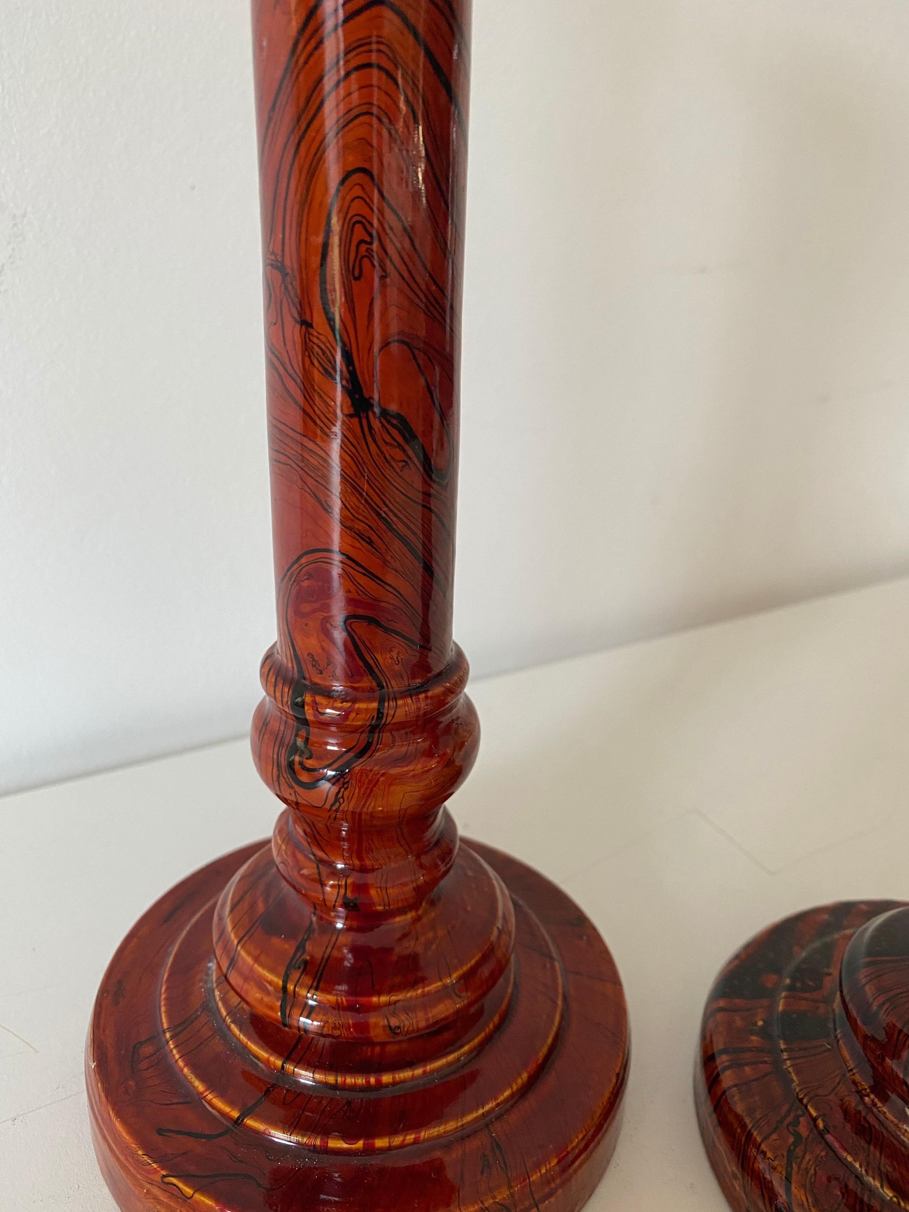 Painted Pair of Marbled Wood Candlesticks For Sale