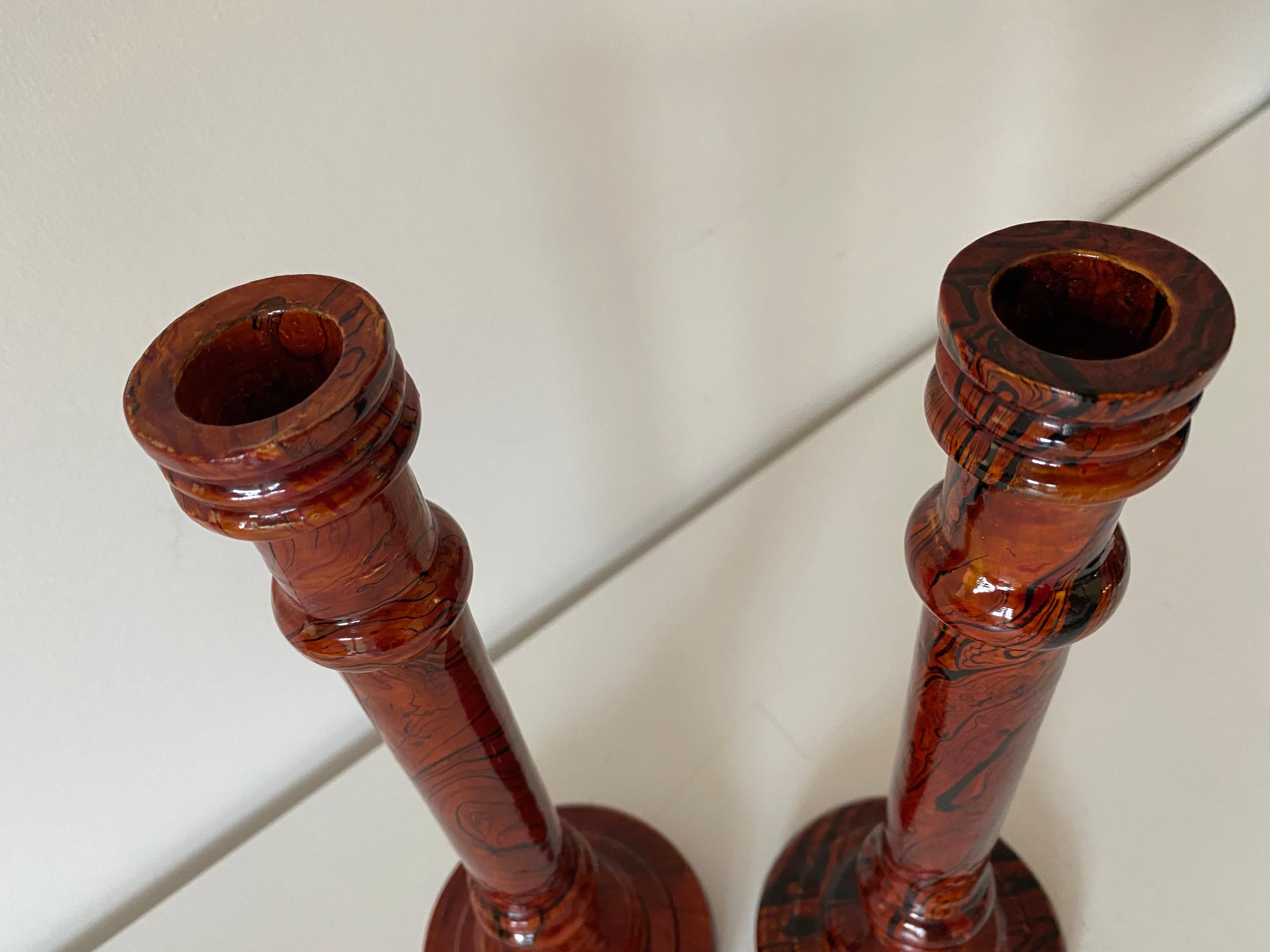 Painted Pair of Marbled Wood Candlesticks For Sale