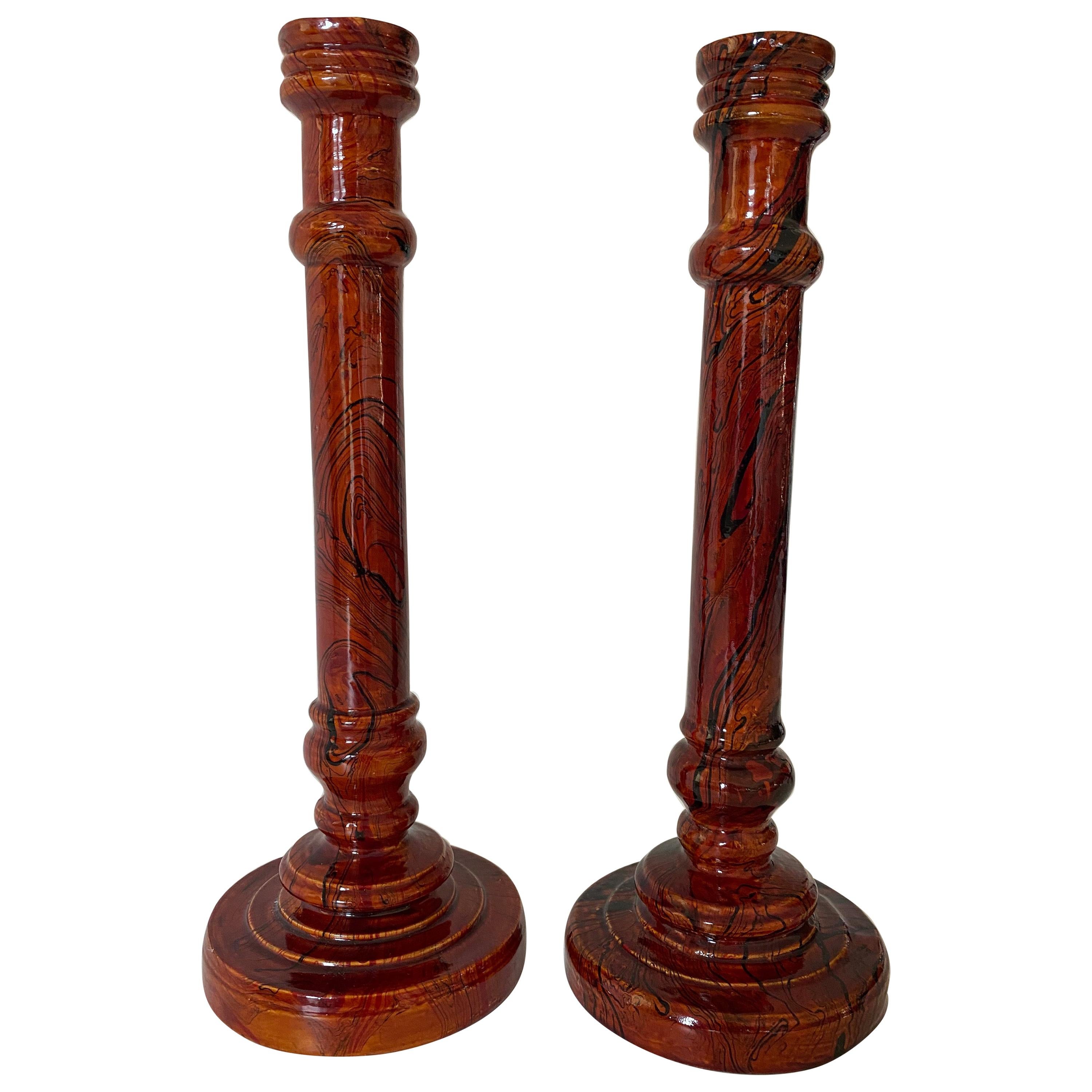 Pair of Marbled Wood Candlesticks For Sale