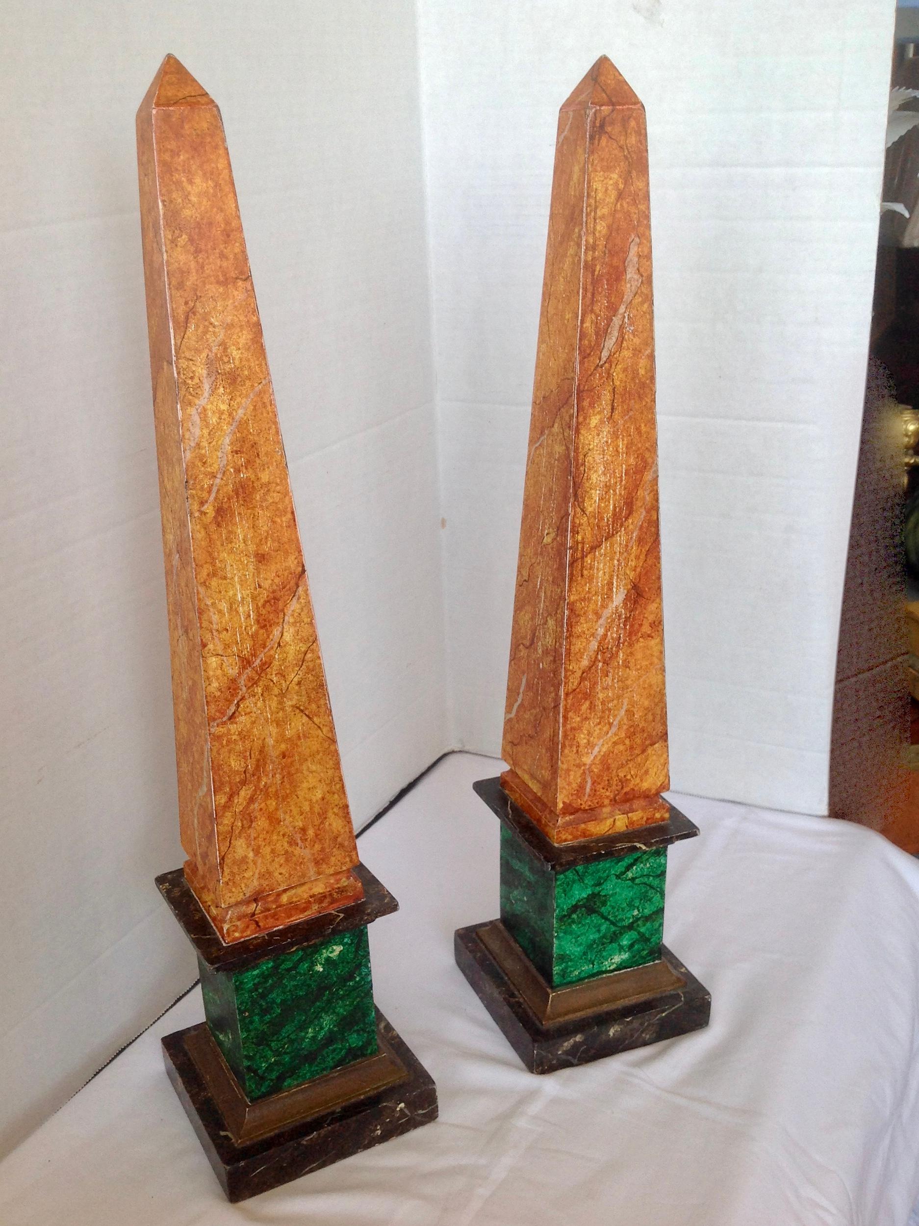 Hand-Painted Pair of Marbleized Obelisks
