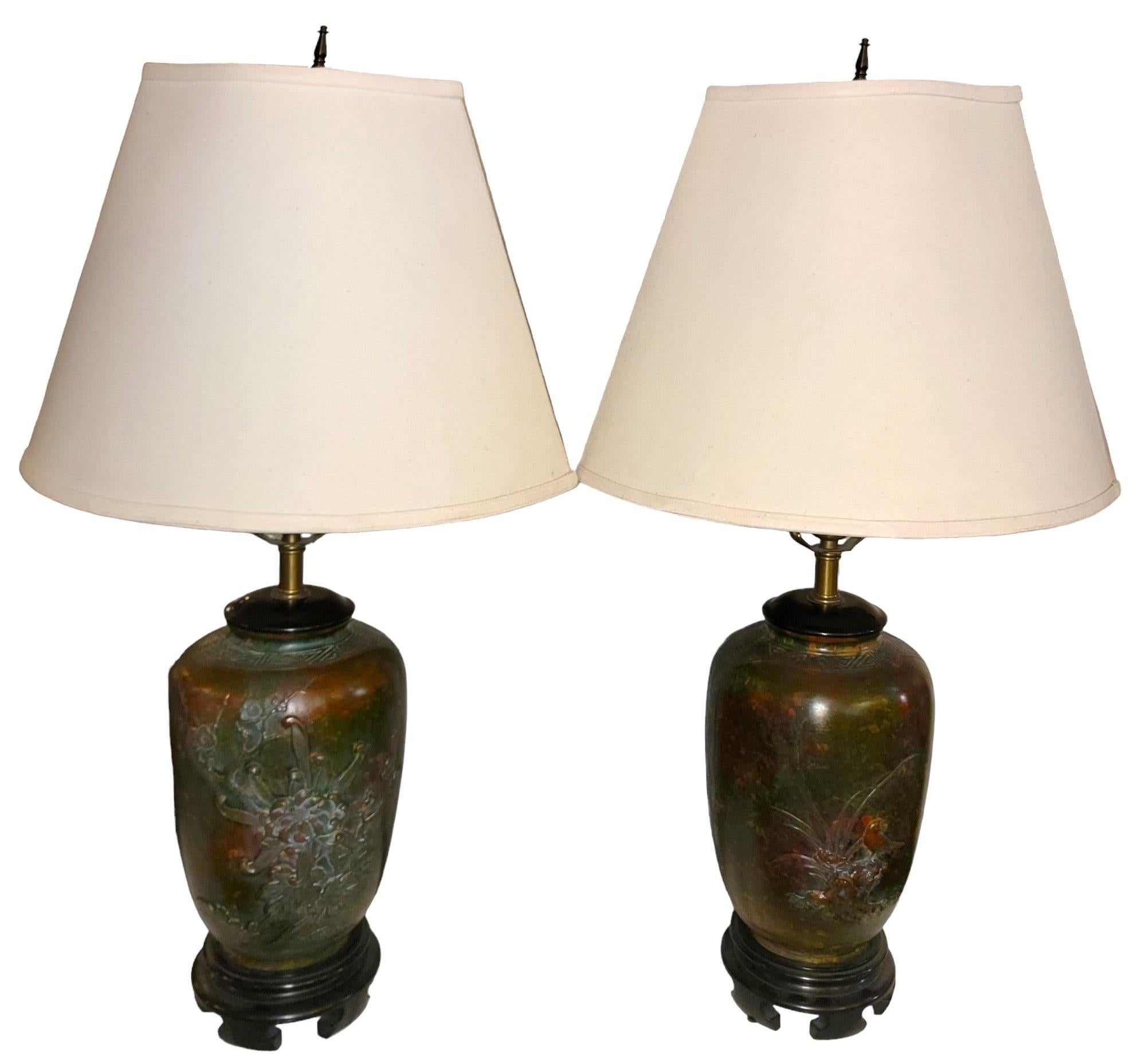 American Pair of Marbo Floral Urn Table Lamps For Sale