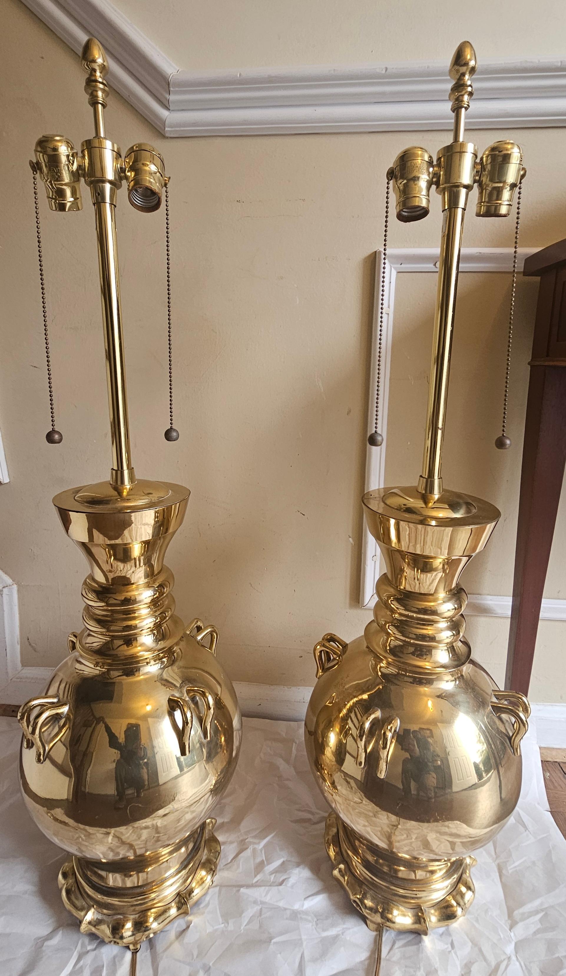 20th Century Pair of Marbro American Polished Brass Table Lamps For Sale