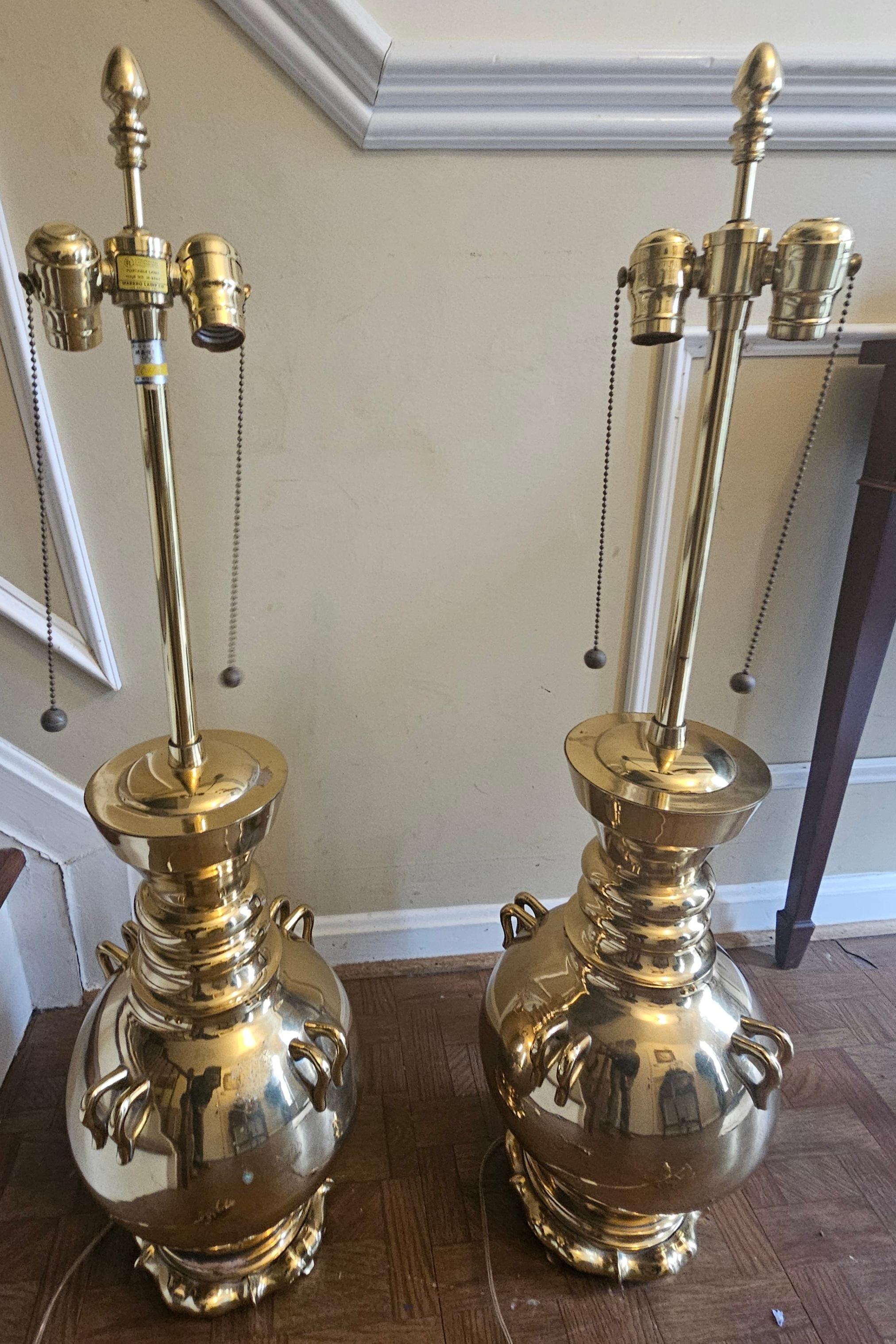 Pair of Marbro American Polished Brass Table Lamps For Sale 1
