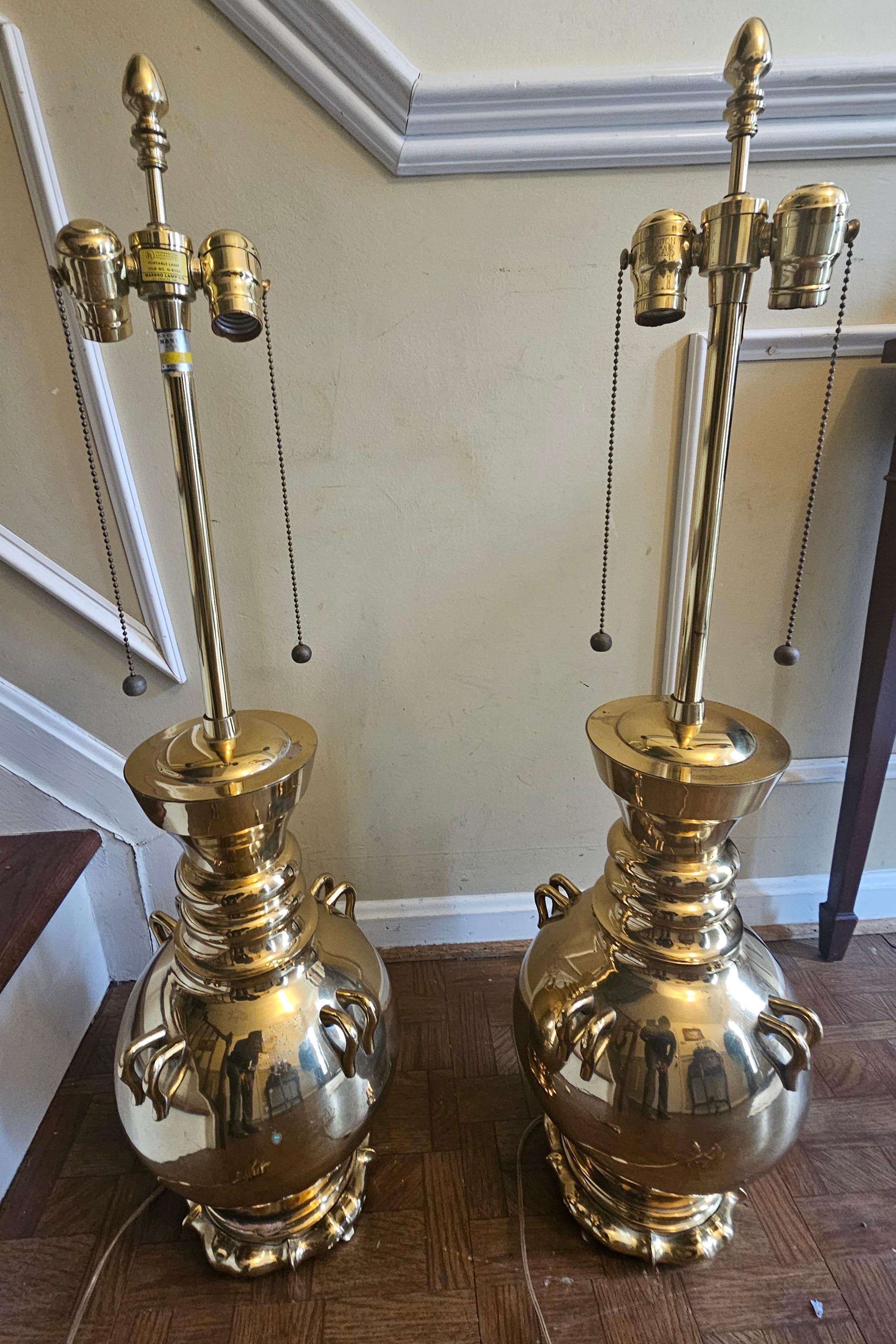 Pair of Marbro American Polished Brass Table Lamps For Sale 2