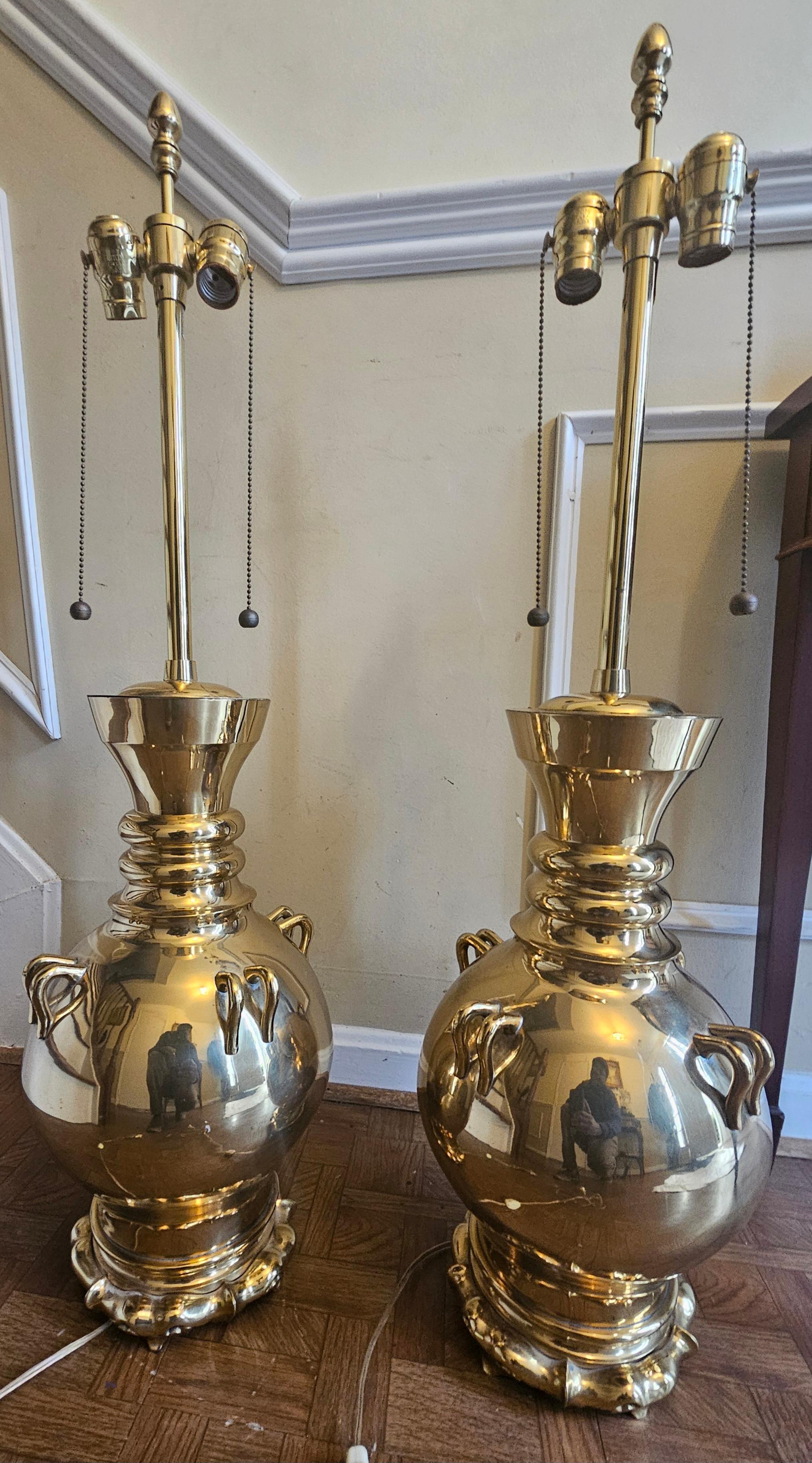 Pair of Marbro American Polished Brass Table Lamps For Sale 3