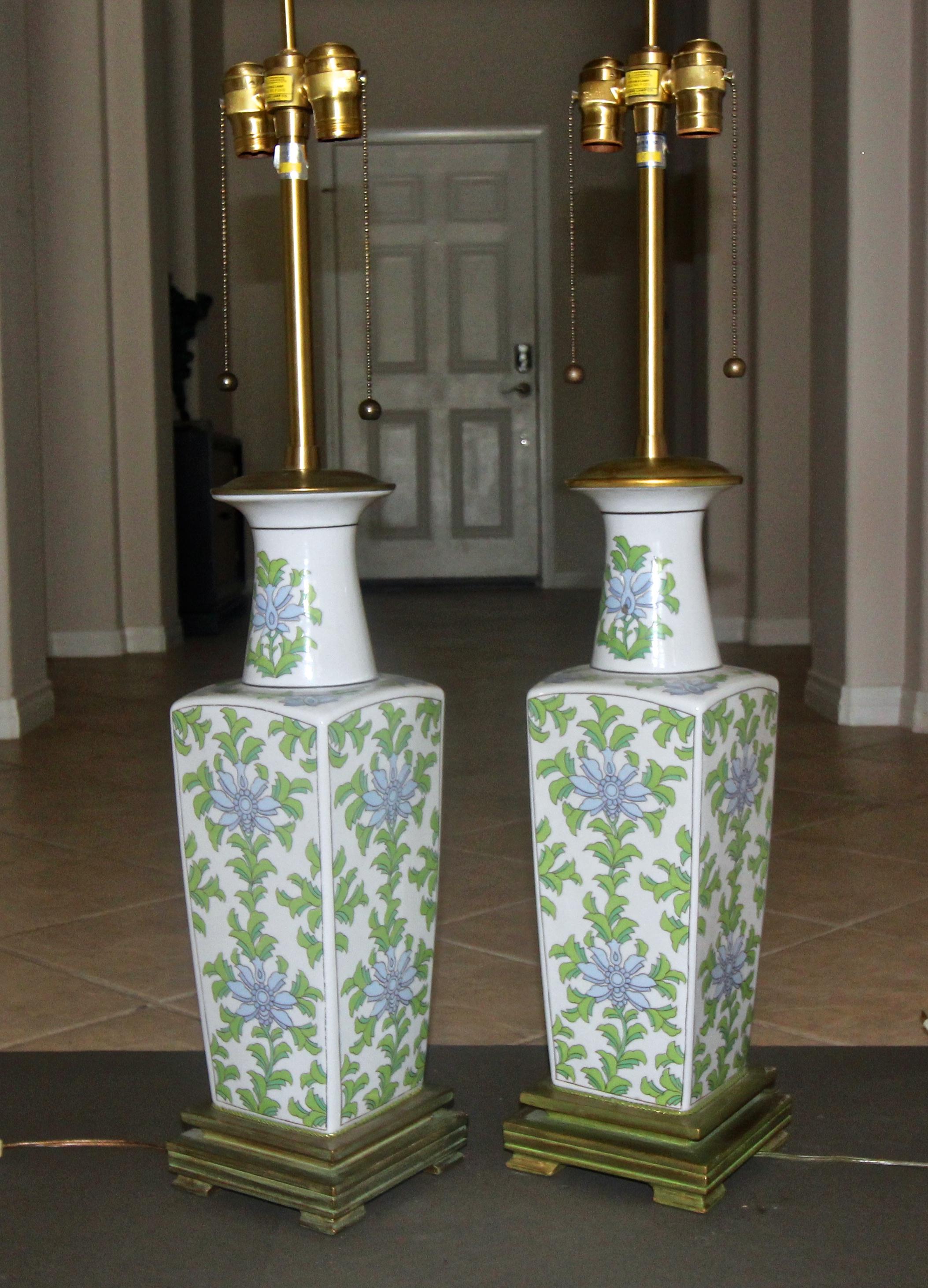 Late 20th Century Pair of Marbro Asian Floral Porcelain Table Lamps