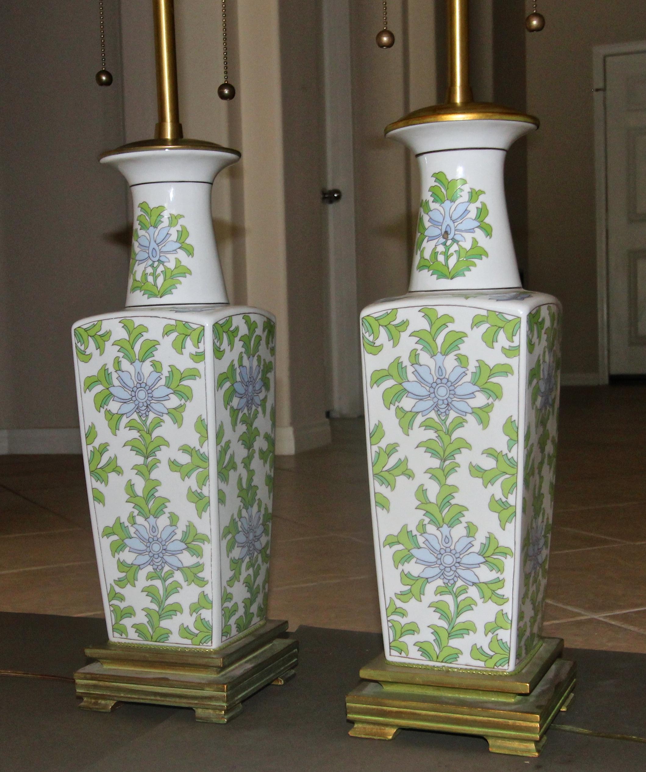 Metal Pair of Marbro Asian Floral Porcelain Table Lamps