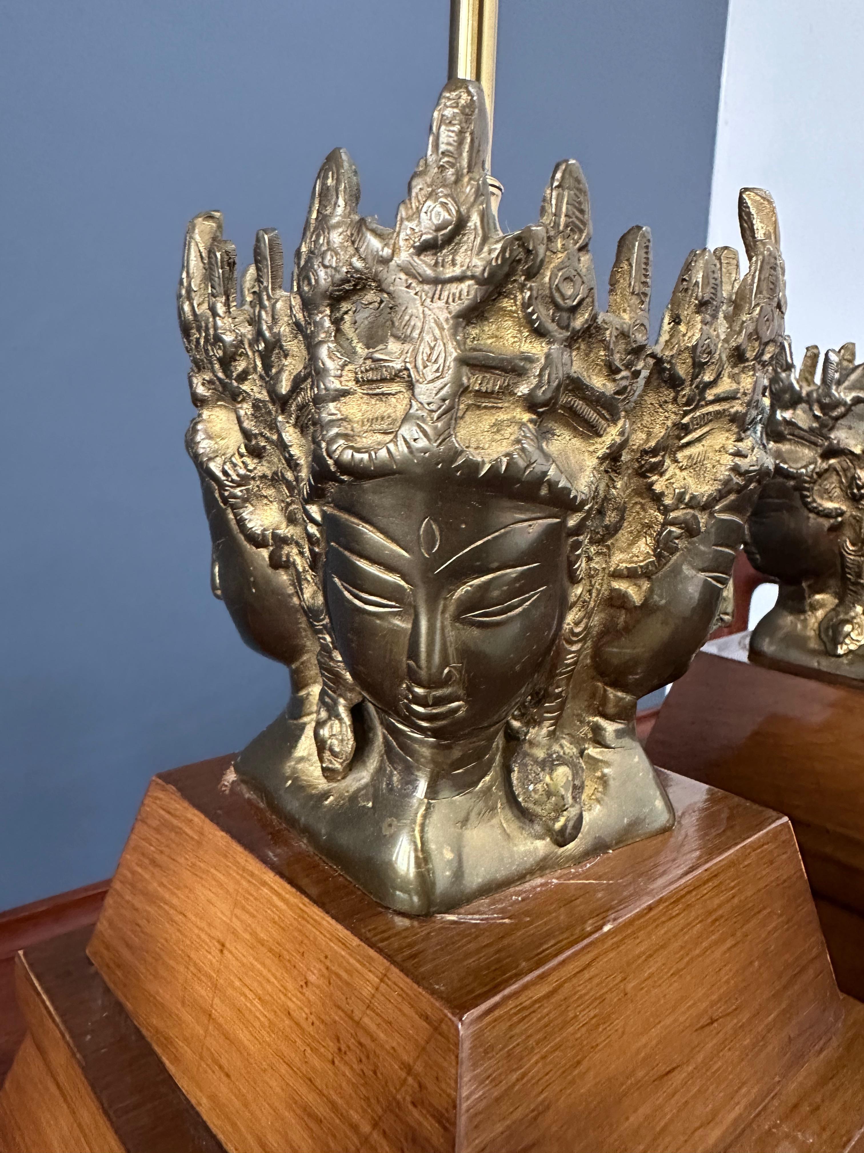 Pair of Marbro Asian influenced Brass and Mahogany Table Lamps For Sale 5