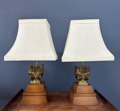Pair of Marbro Asian influenced Brass and Mahogany Table Lamps