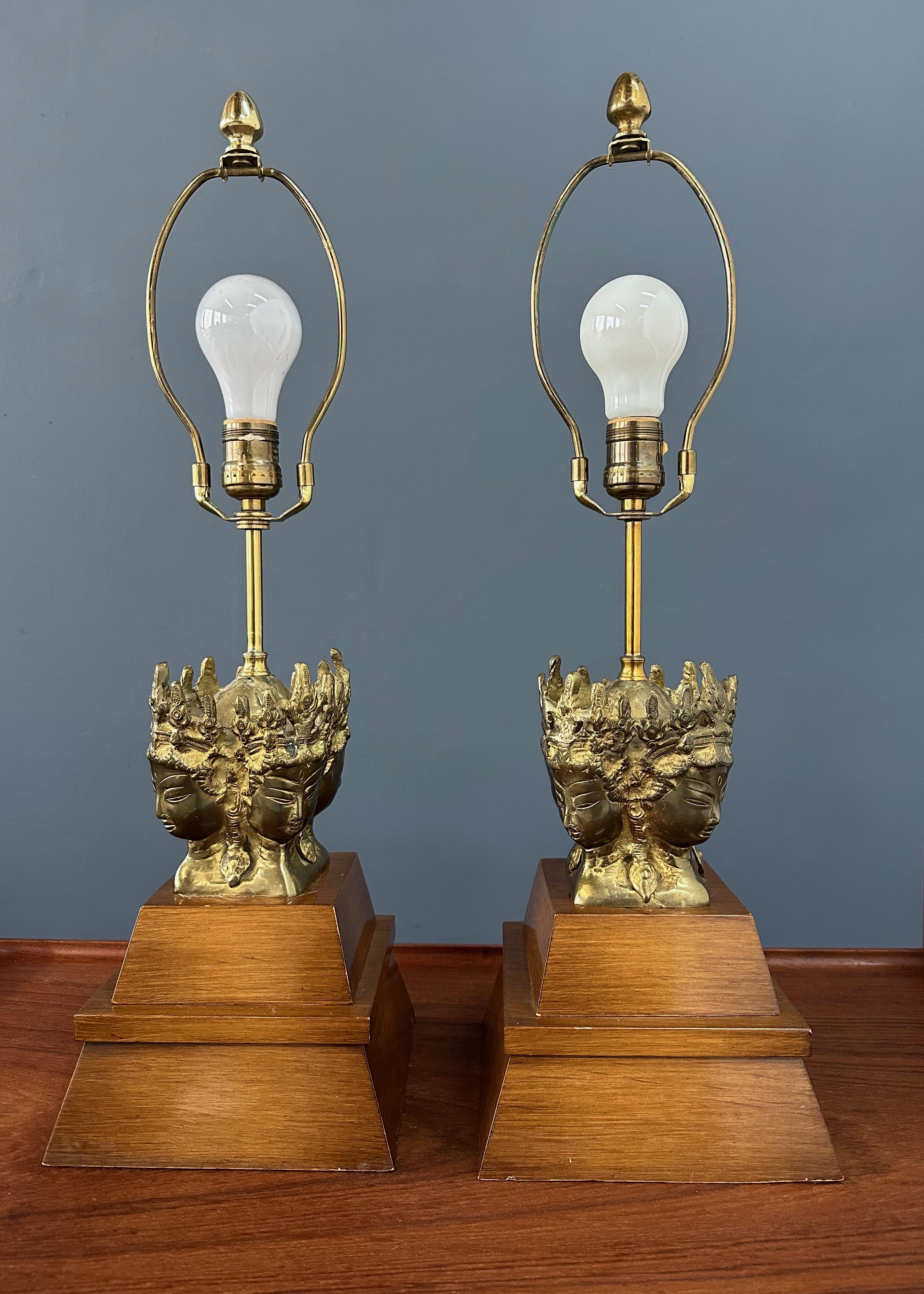 Mid-Century Modern Pair of Marbro Asian influenced Brass and Mahogany Table Lamps For Sale