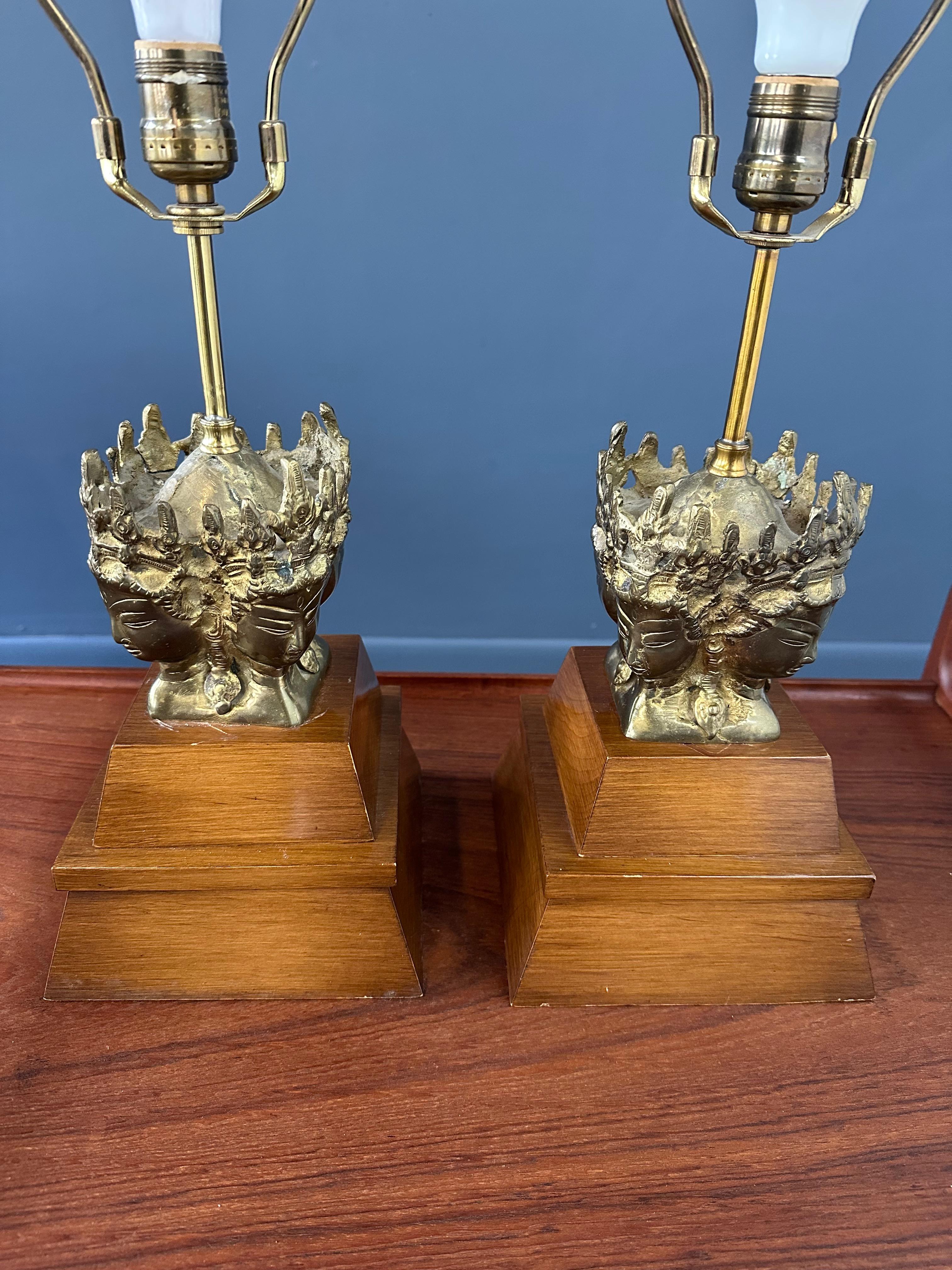 North American Pair of Marbro Asian influenced Brass and Mahogany Table Lamps For Sale