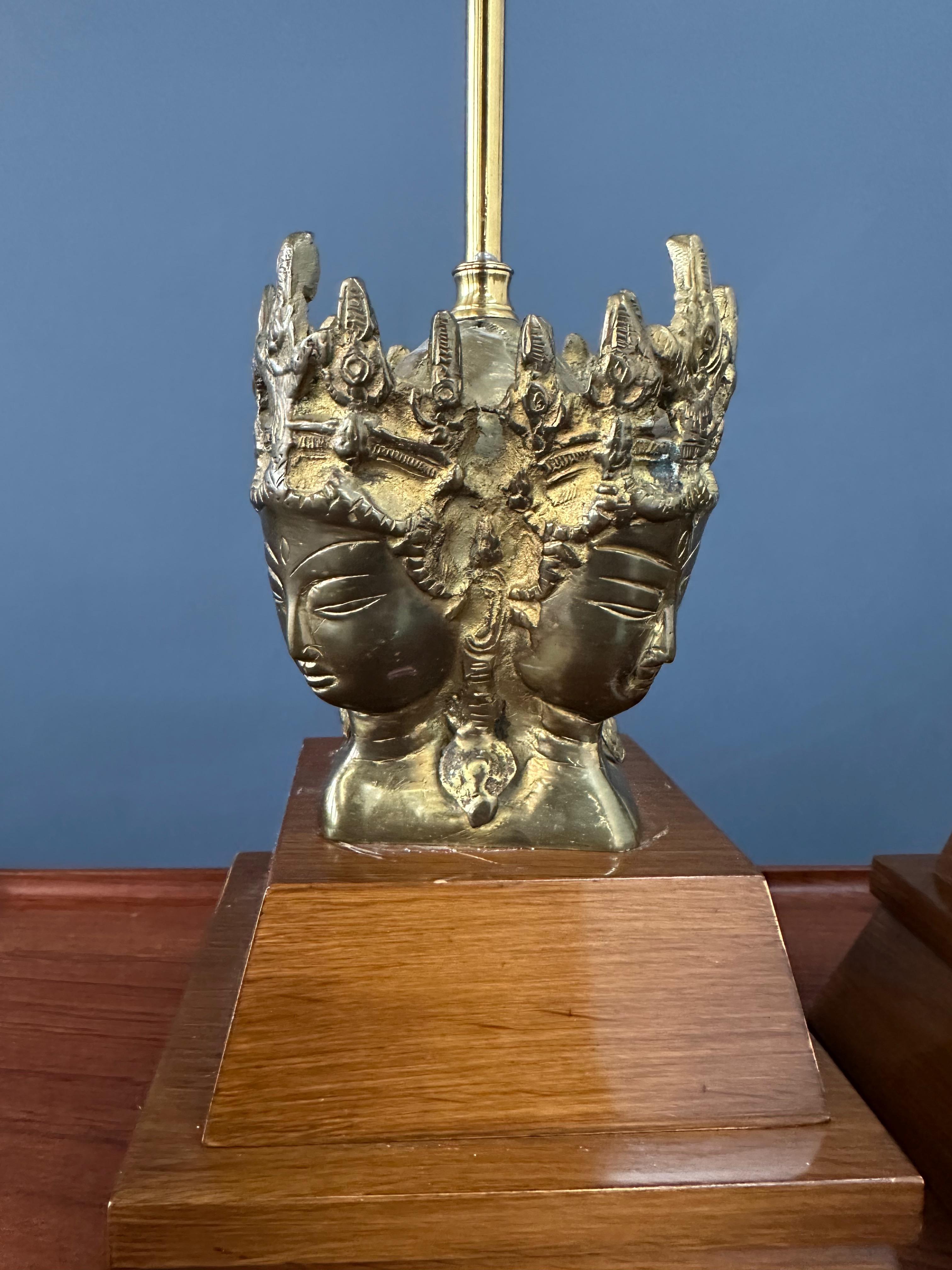 Pair of Marbro Asian influenced Brass and Mahogany Table Lamps For Sale 2