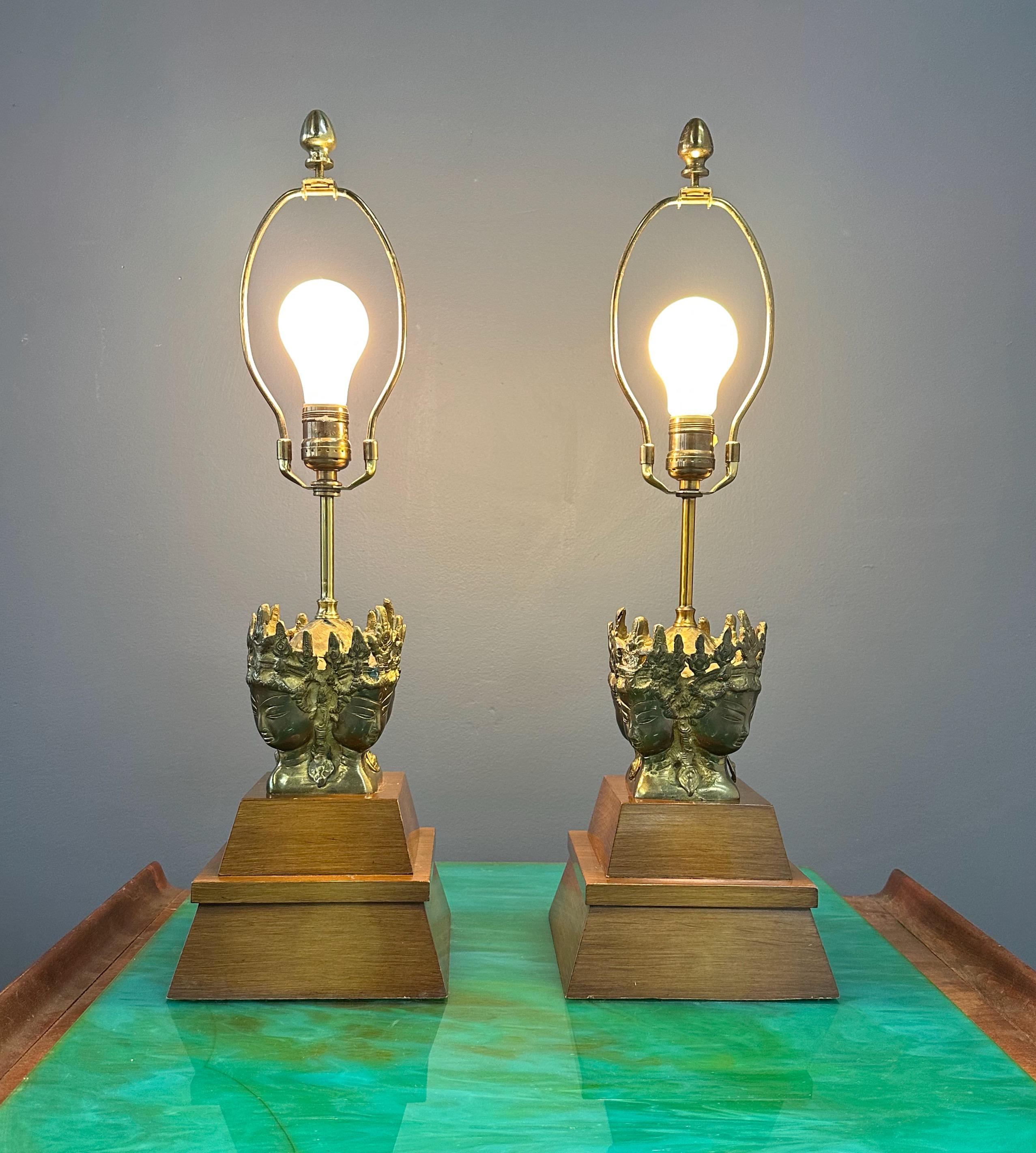 Pair of Marbro Asian influenced Brass and Mahogany Table Lamps For Sale 3